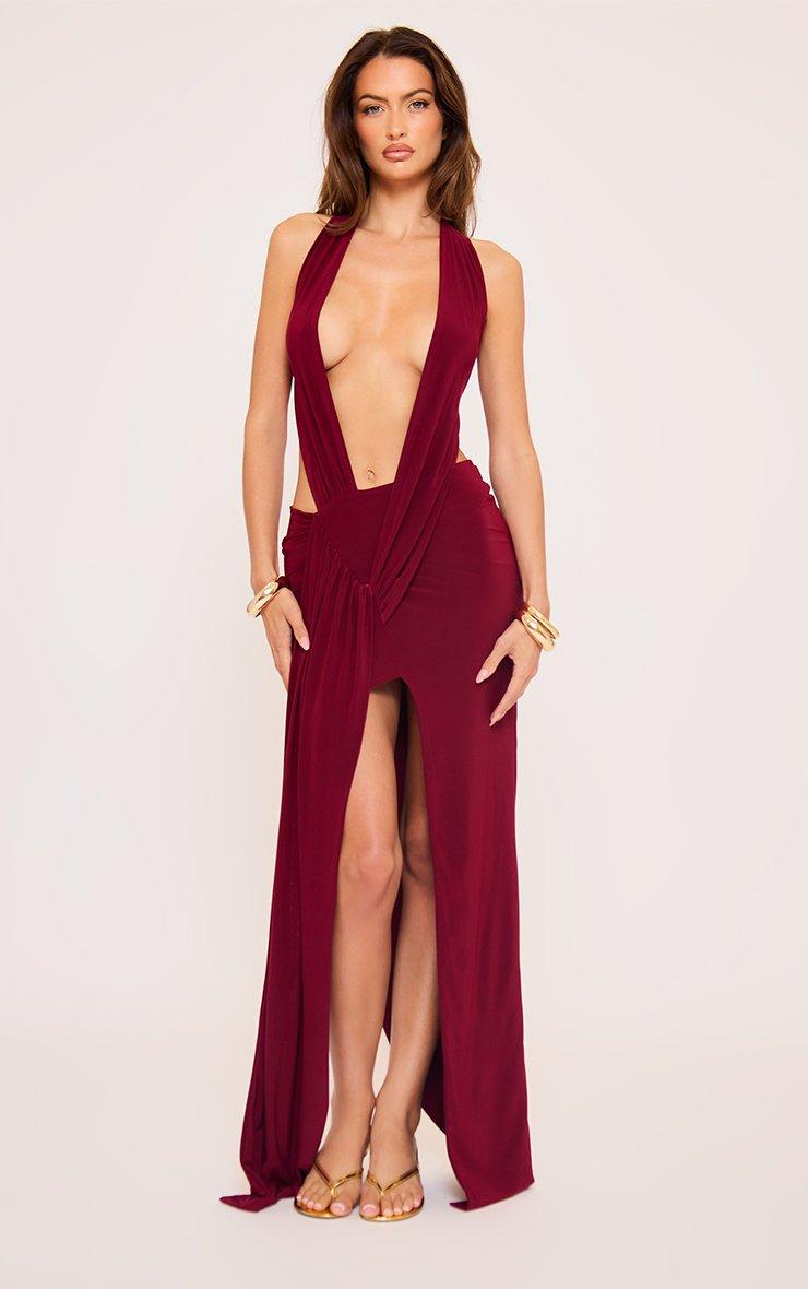 Extreme Plunge Neck Split Leg Drape Detail Maxi Dress In Burgundy