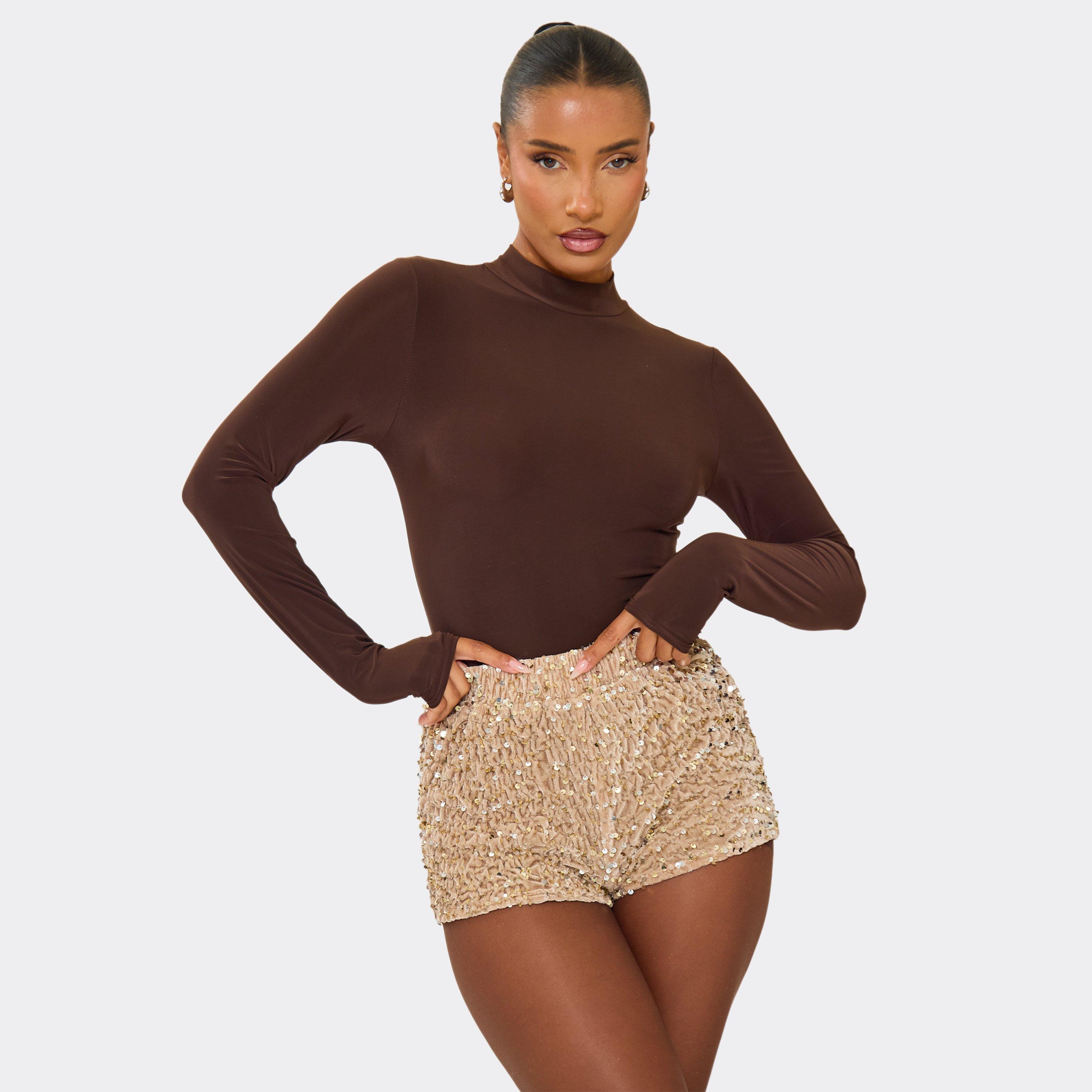 Elastic Waist Micro Shorts In Gold Velvet Sequin, Women's Size UK 10