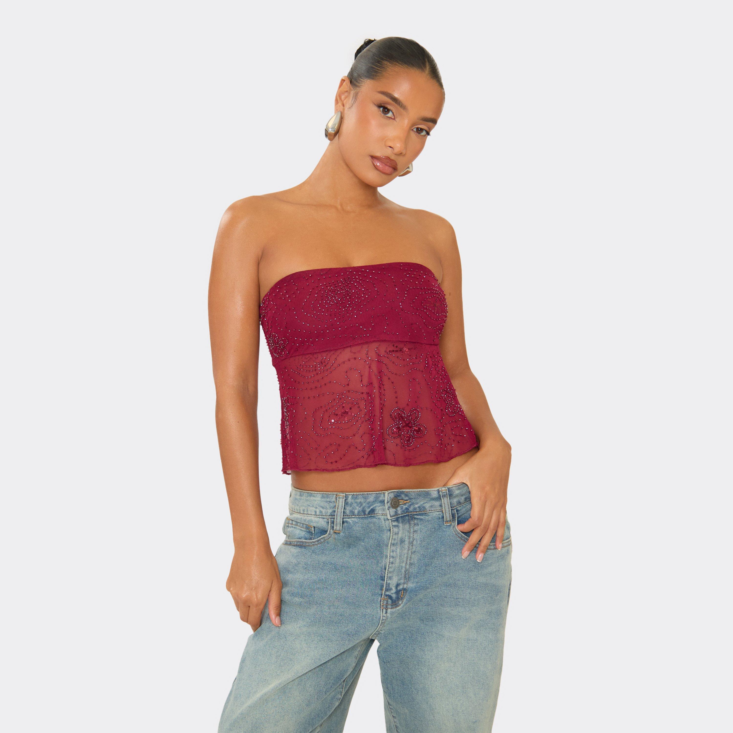 Bandeau Embellished Mesh Hem Detail Top In Burgundy, Women's Size UK 14