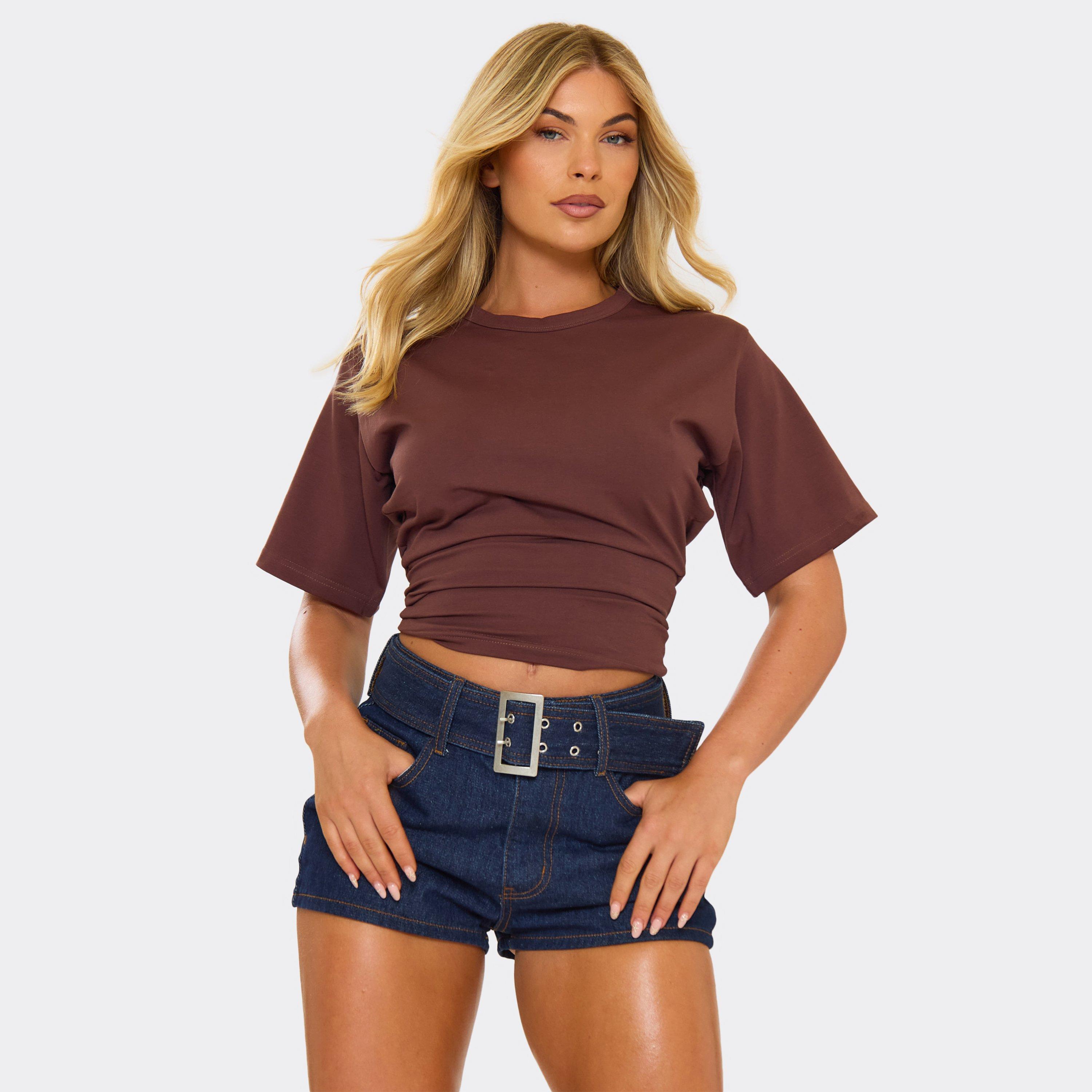Image of Short Sleeve Cinched Waist Fitted T-Shirt In Brown, Women's