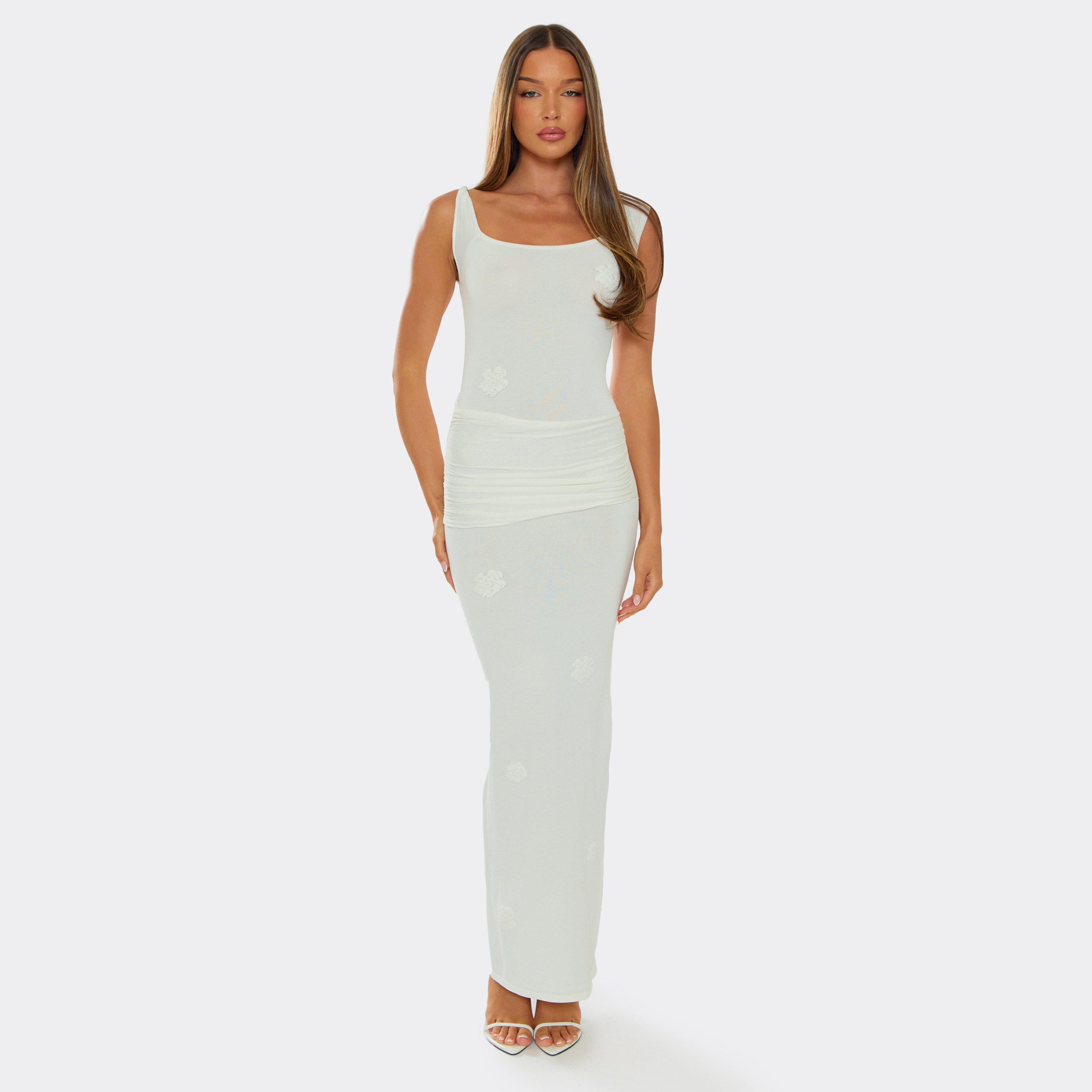 Scoop Neck Floral Applique Ruched Waist Detail Maxi Dress In White Knit, Women’s