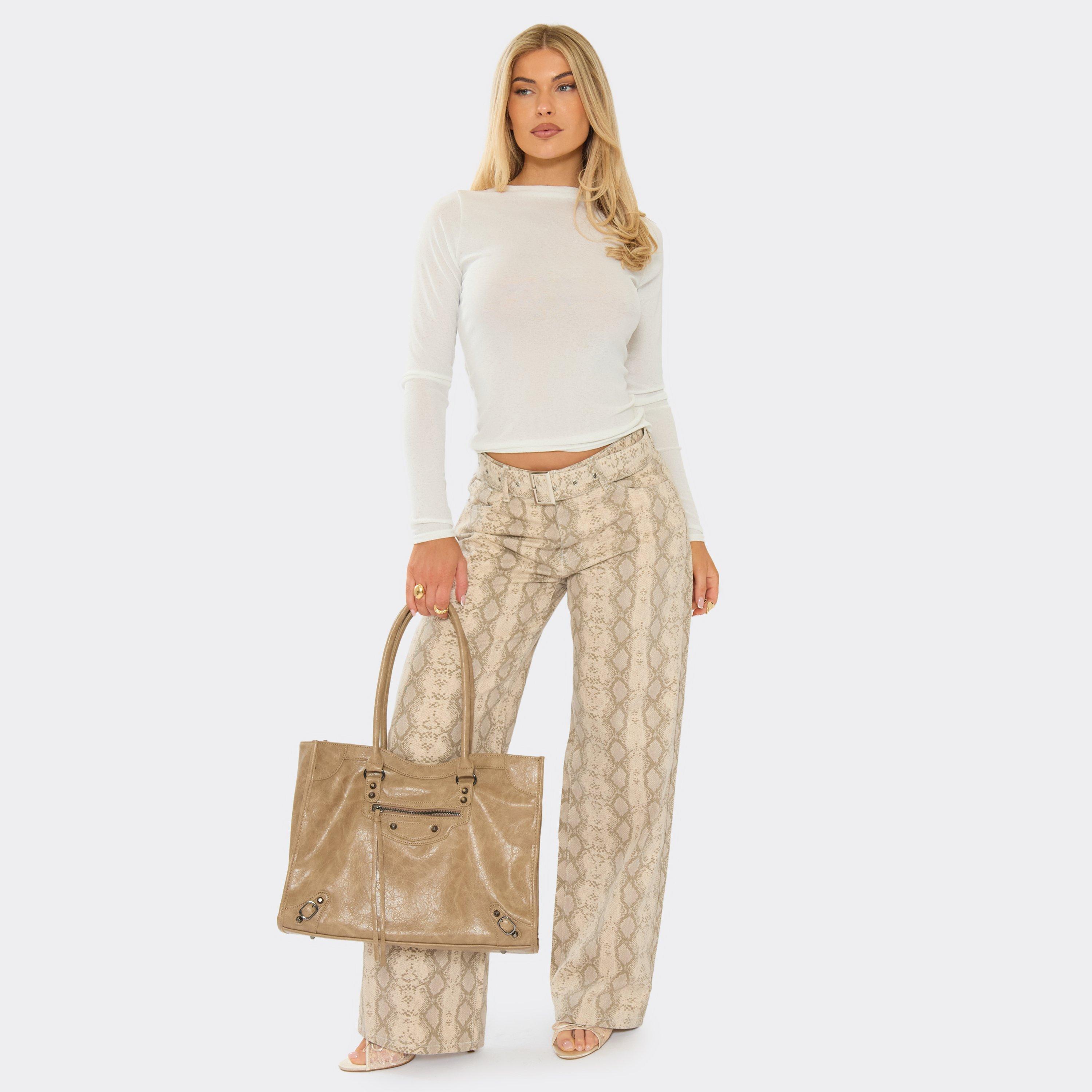 Image of Belted Wide Leg Jeans In Brown Snake Print Denim, Women's