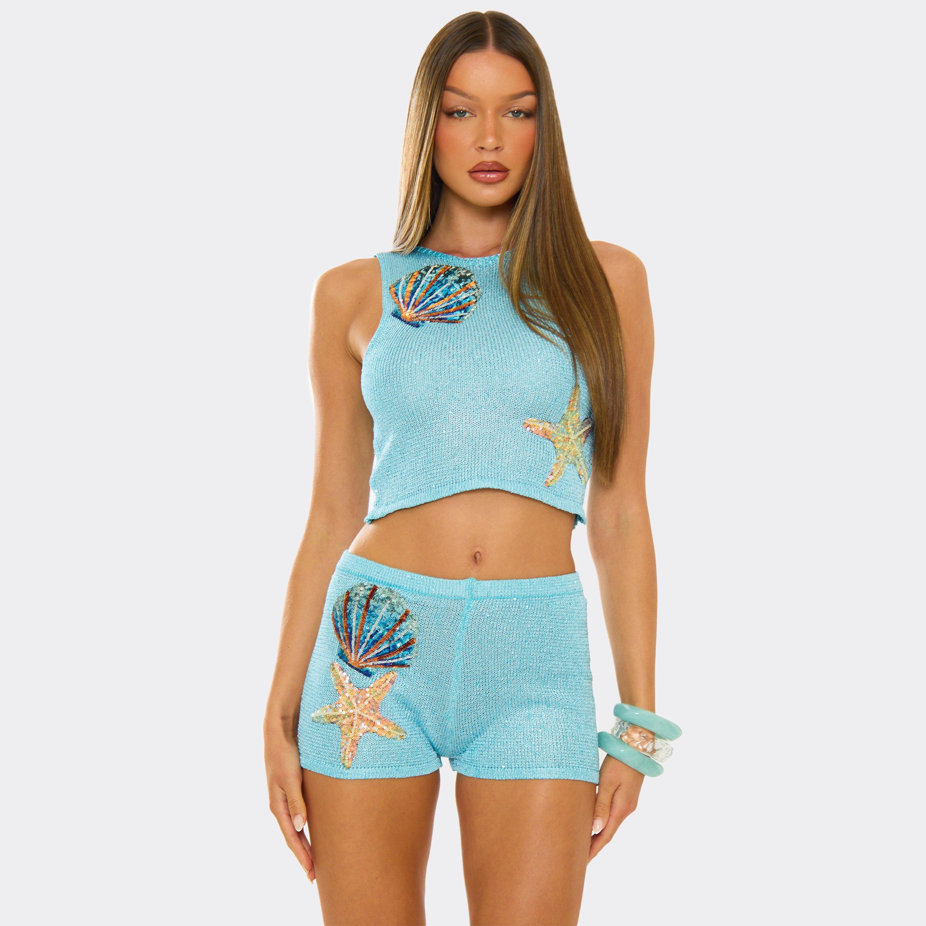 Race Neck Shell Trim Crop Top In Blue Glitter Knit, Women's Size UK M