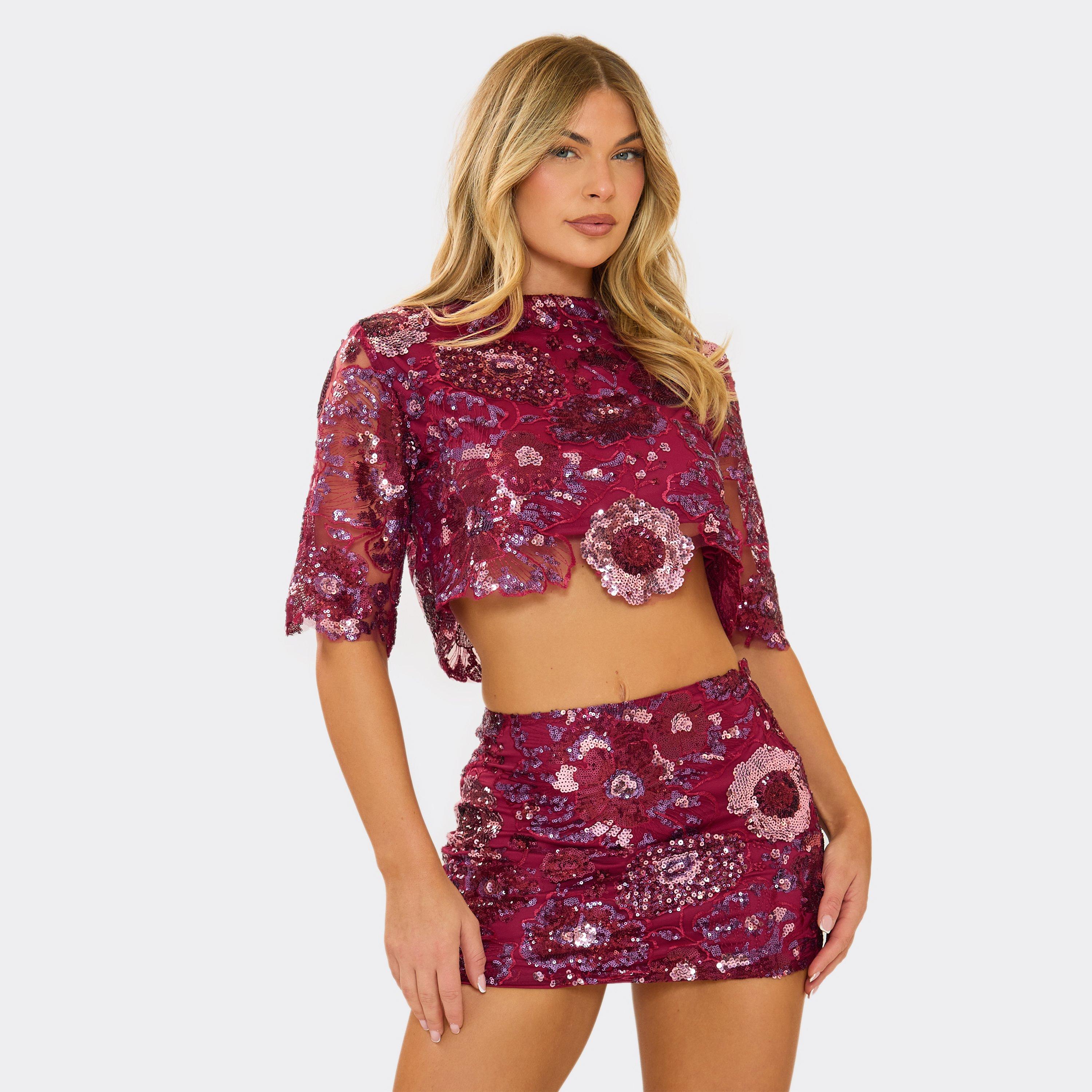 Short Sleeve Floral Embellished Crop Top In Burgundy Multi Sequin, Women's Size UK 10
