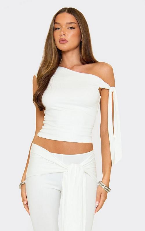 One Sleeve Twist Shoulder Strap Detail Top In White Slinky | EGO