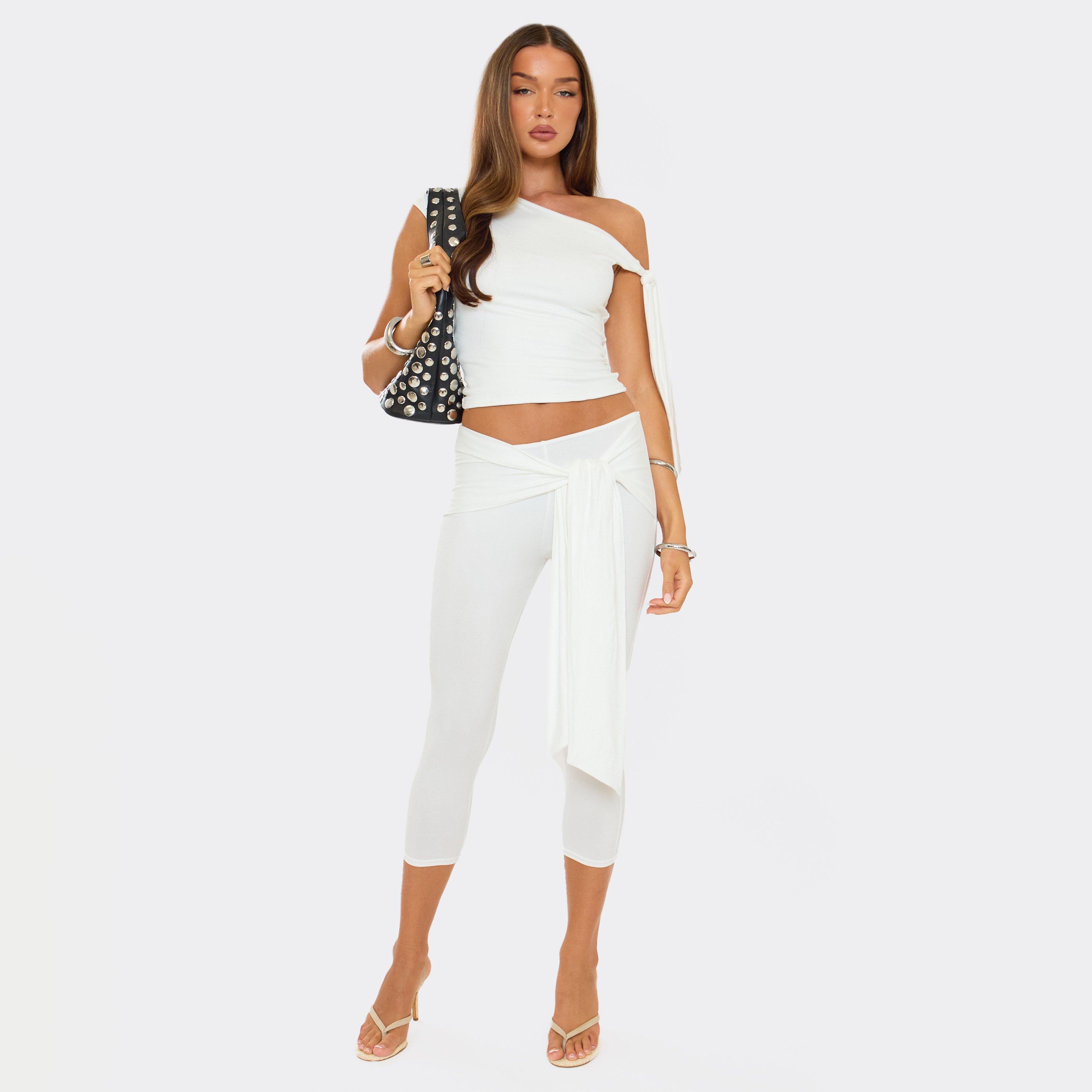 Image of Low Rise Belted Tie Side Capri Leggings In Cream Slinky, Women's