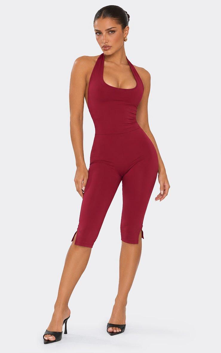 Square Neck Line Detail Capri Jumpsuit In Burgundy.