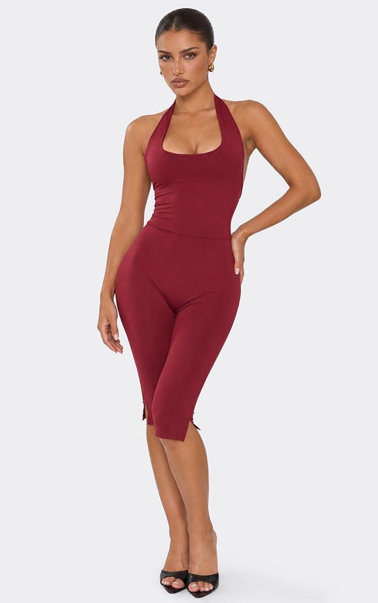 Square Neck Line Detail Capri Jumpsuit In Burgundy.