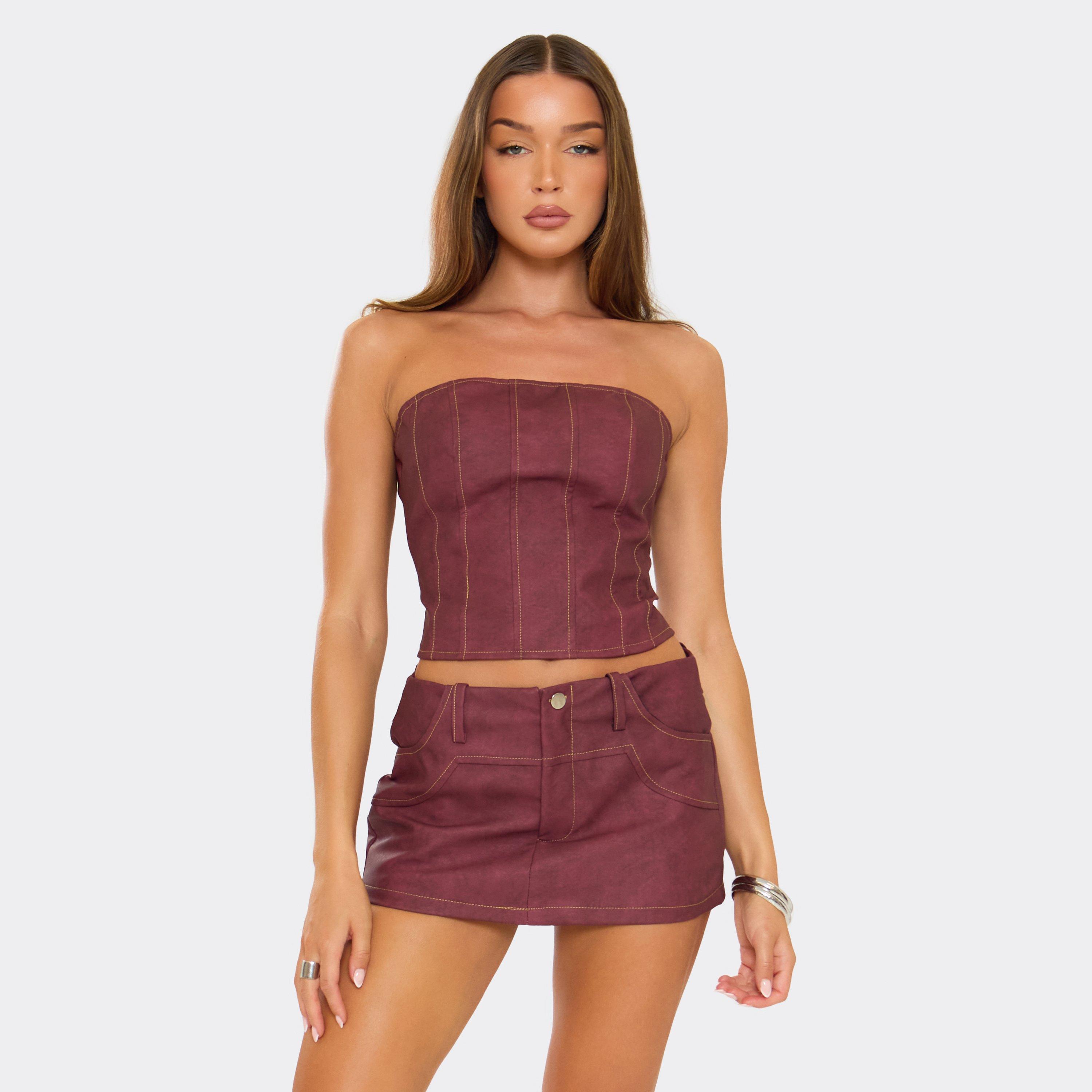 Bandeau Contrast Stitch Panel Corset Top In Burgundy Faux Leather, Women's Size UK 12