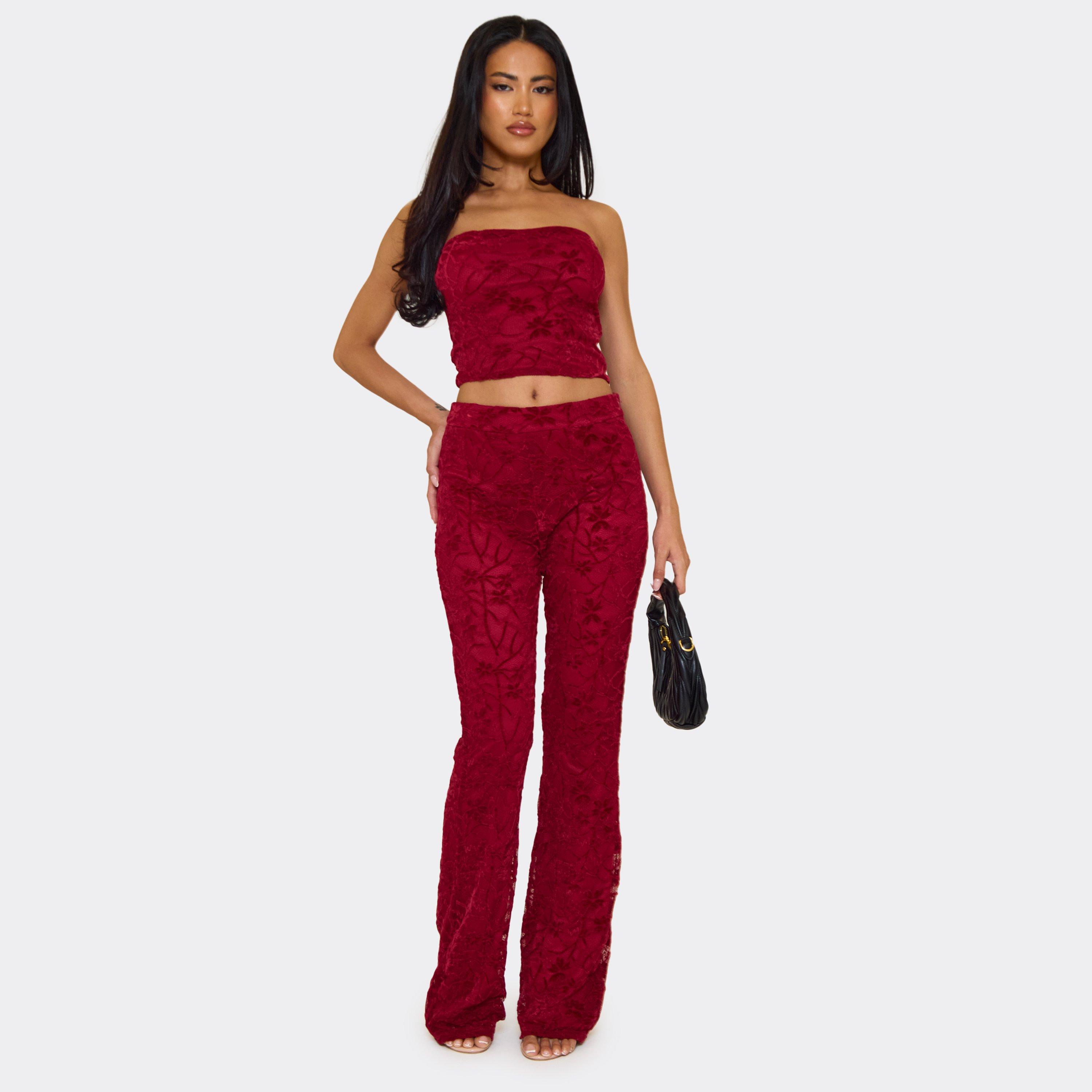 Image of Mid Rise Kick Flare Trousers In Burgundy Red Floral Lace, Women's
