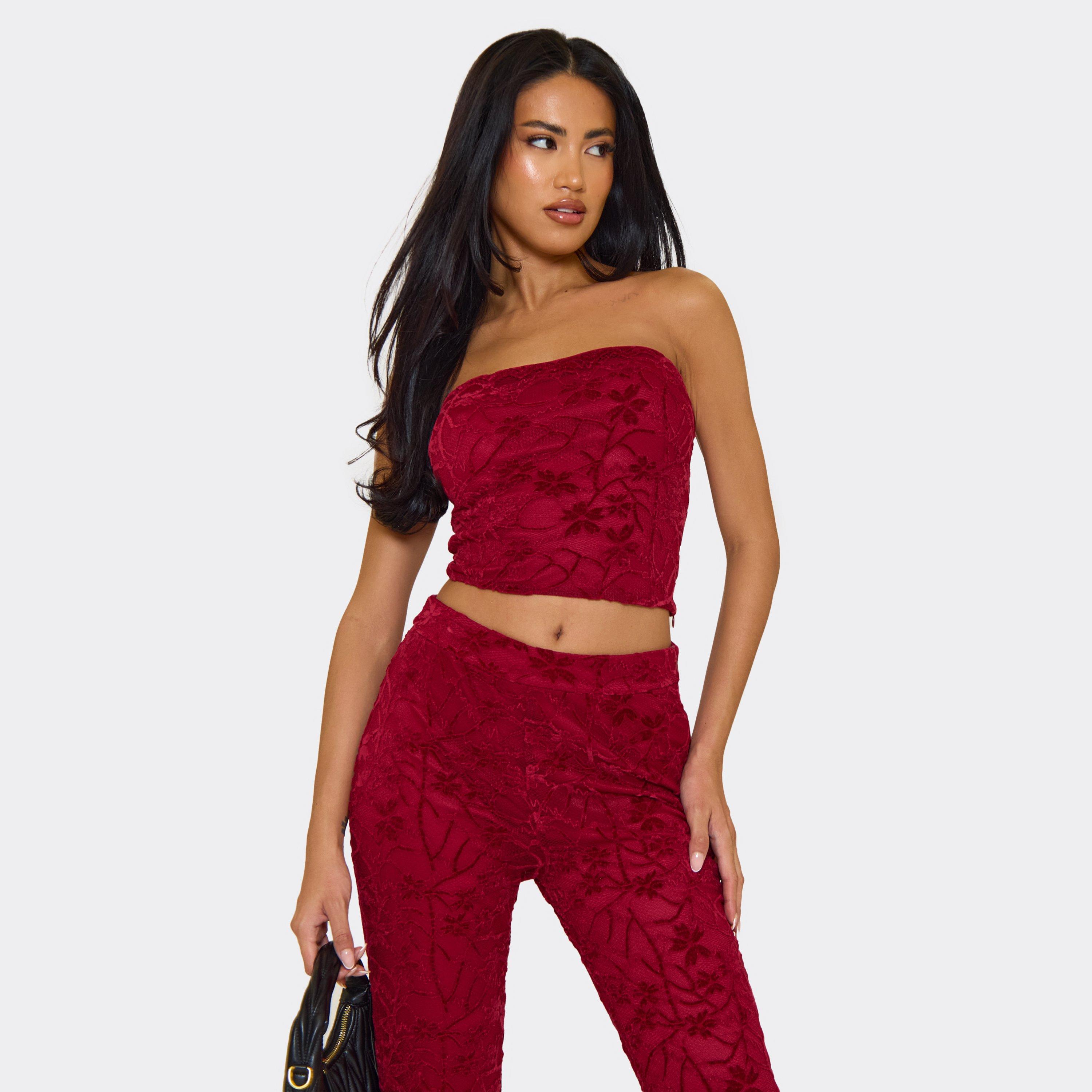 Image of Bandeau Top In Burgundy Red Floral Lace, Women's