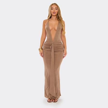 Twist Strap Plunge Drape Detail Maxi Dress In Bronze Slinky, Women's Size US