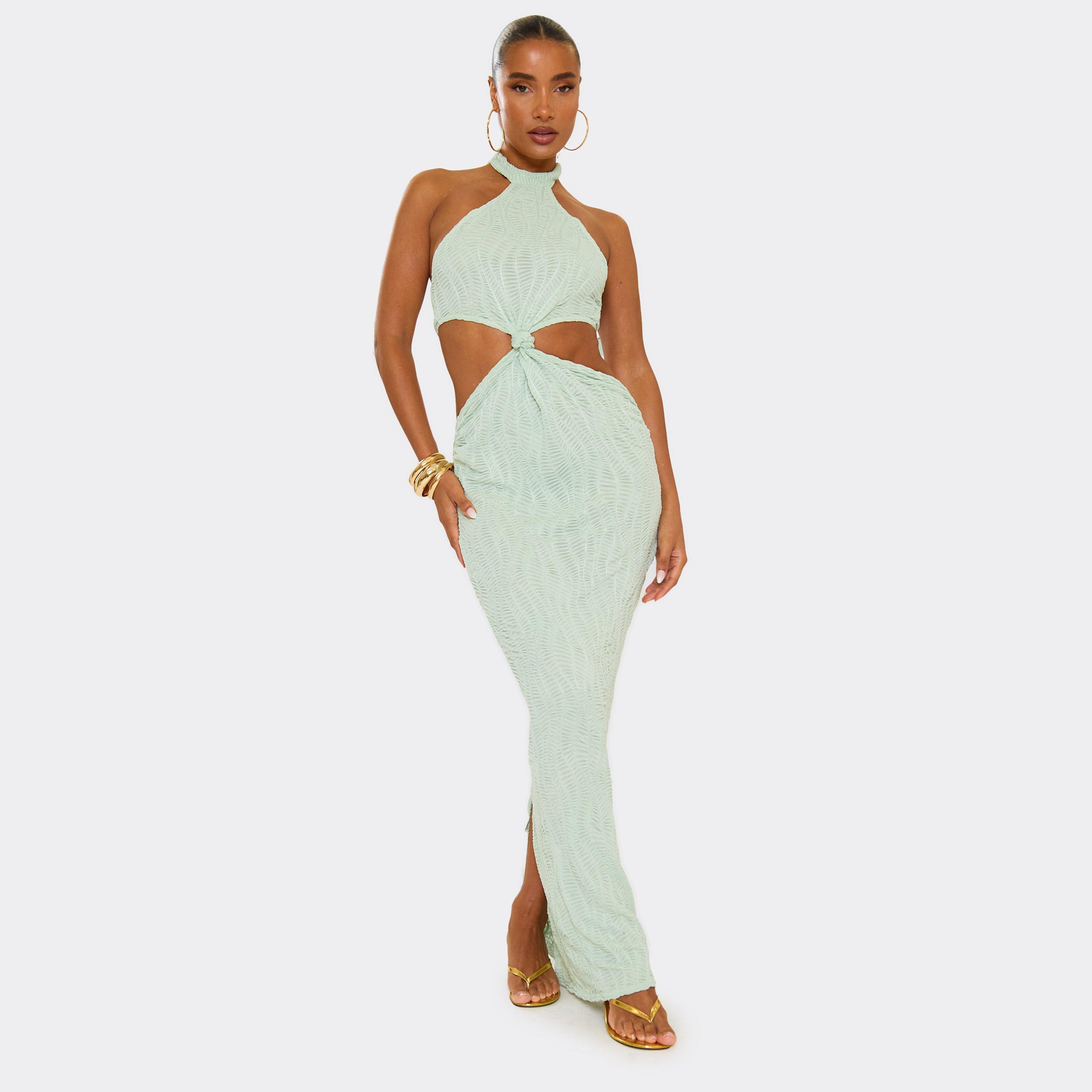 High Neck Knot Detail Column Maxi Dress In Green, Women's Size UK 14