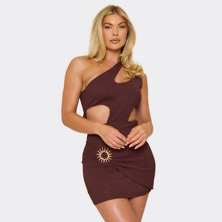 Asymmetric One Shoulder Cut Out Trim Detail Mini Dress In Brown, Women's Size US