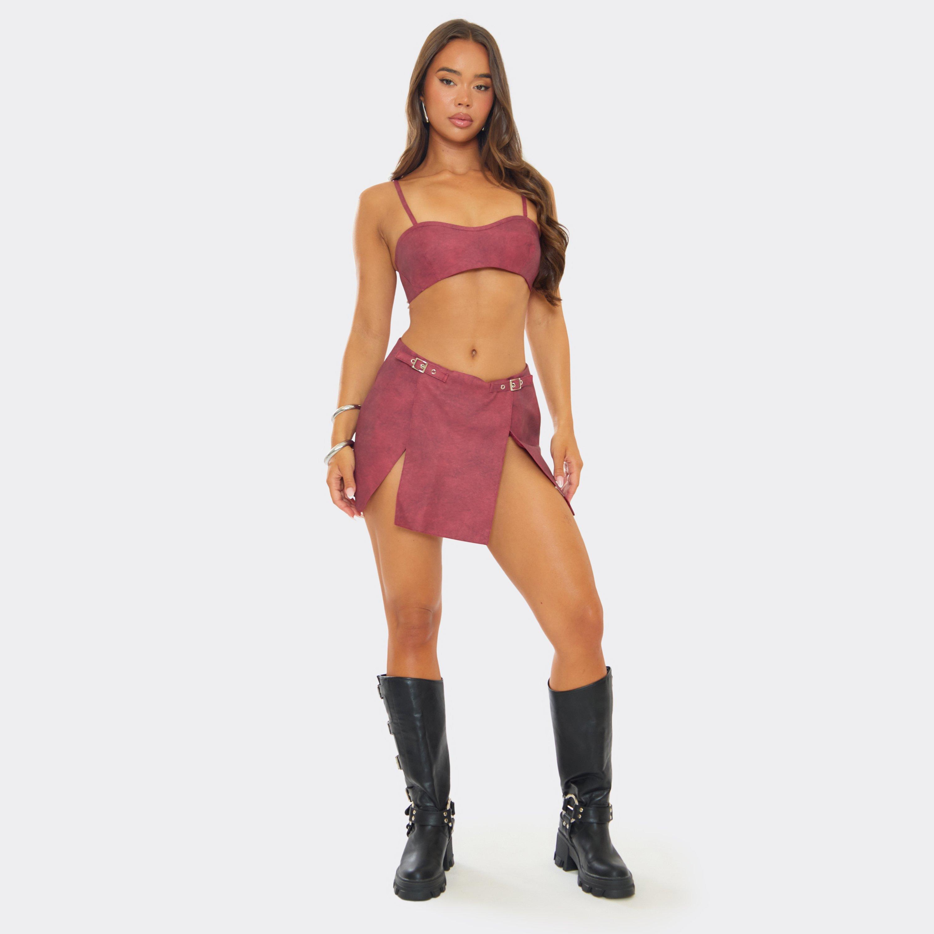 Low Waist Split Leg Buckle Detail Mini Skirt In Burgundy Faux Leather, Women's Size UK 8