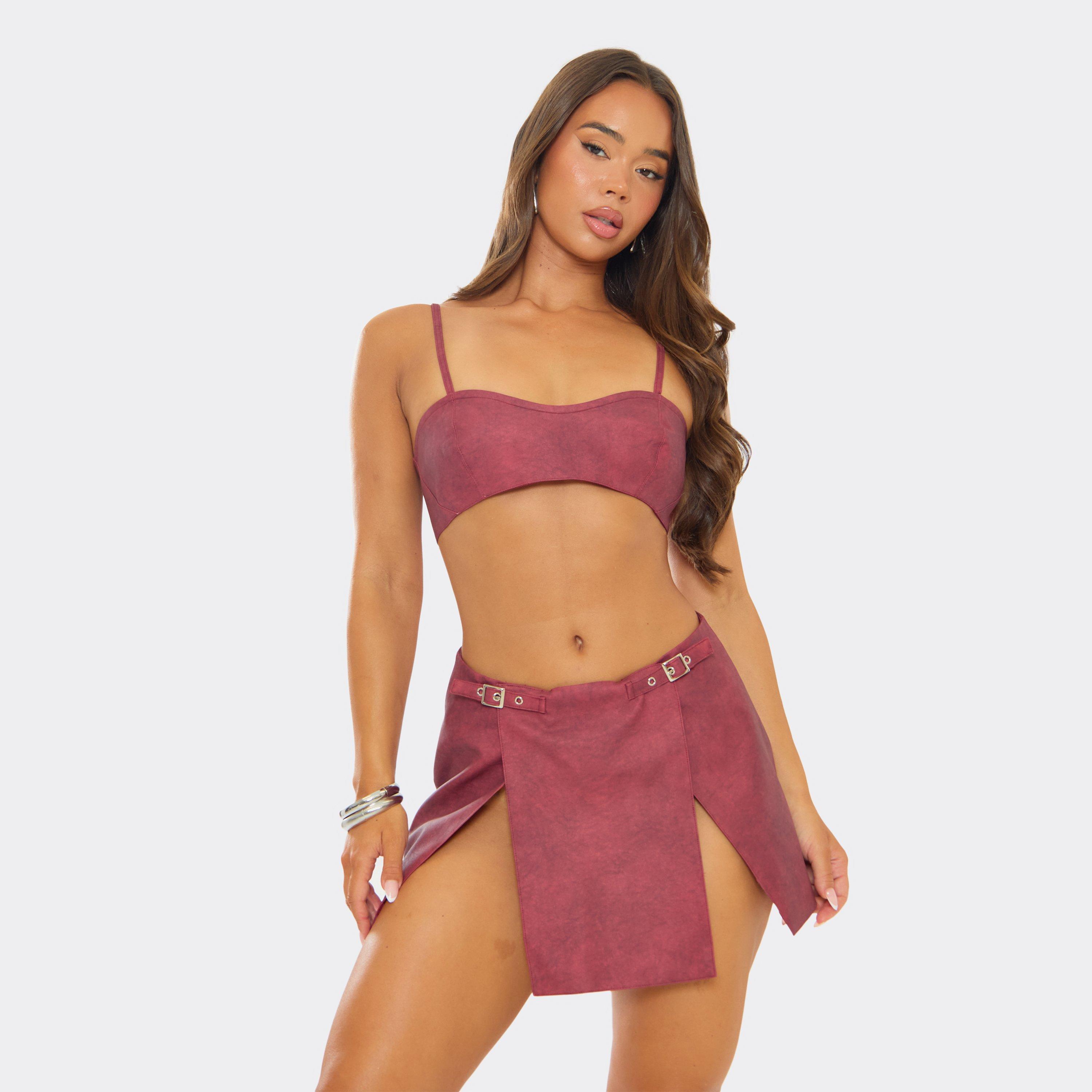 Image of Strappy Cropped Bralet In Burgundy Faux Leather, Women's