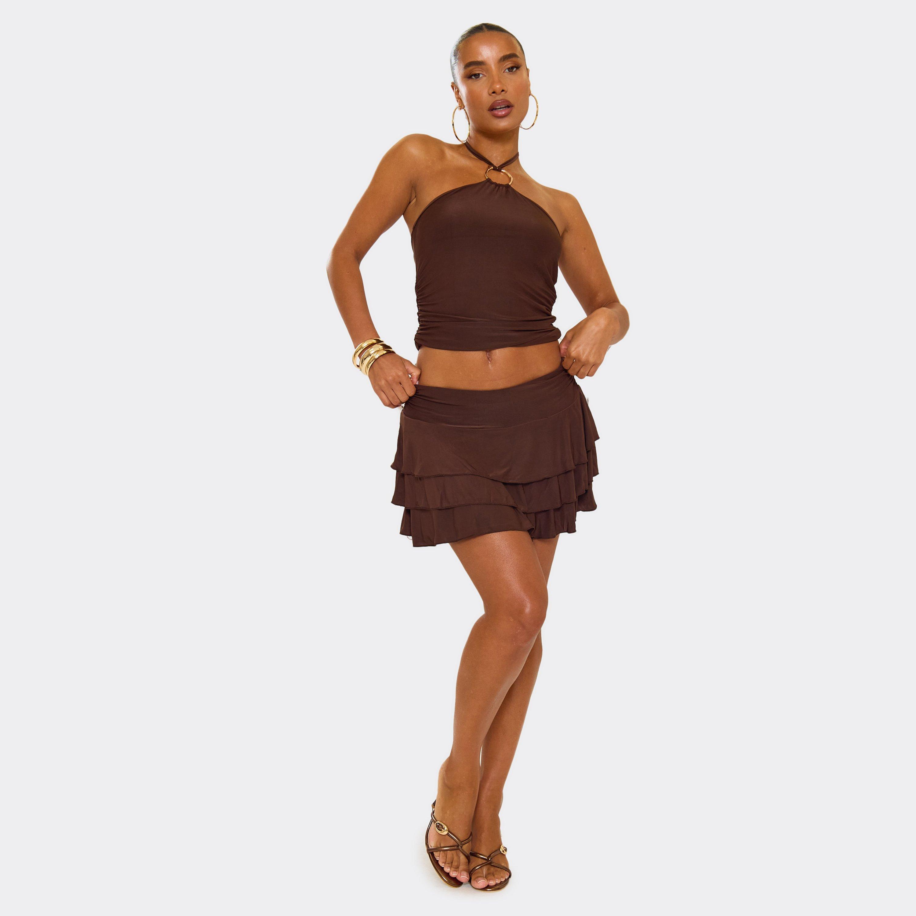 Mid Rise Ruched Waist Frill Mini Skirt In Brown Slinky, Women’s