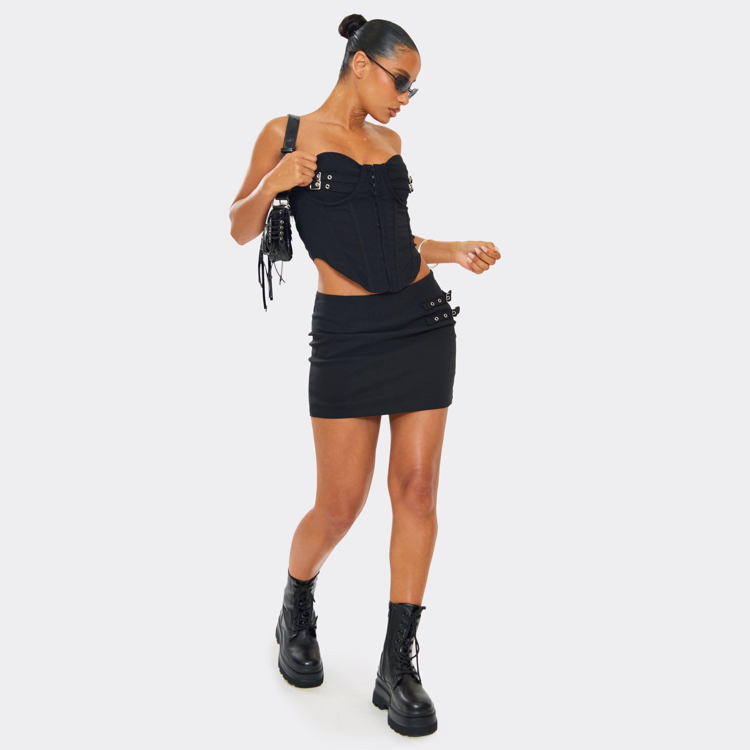 Mid Rise Buckle Detail Fitted Mini Skirt In Black, Women’s