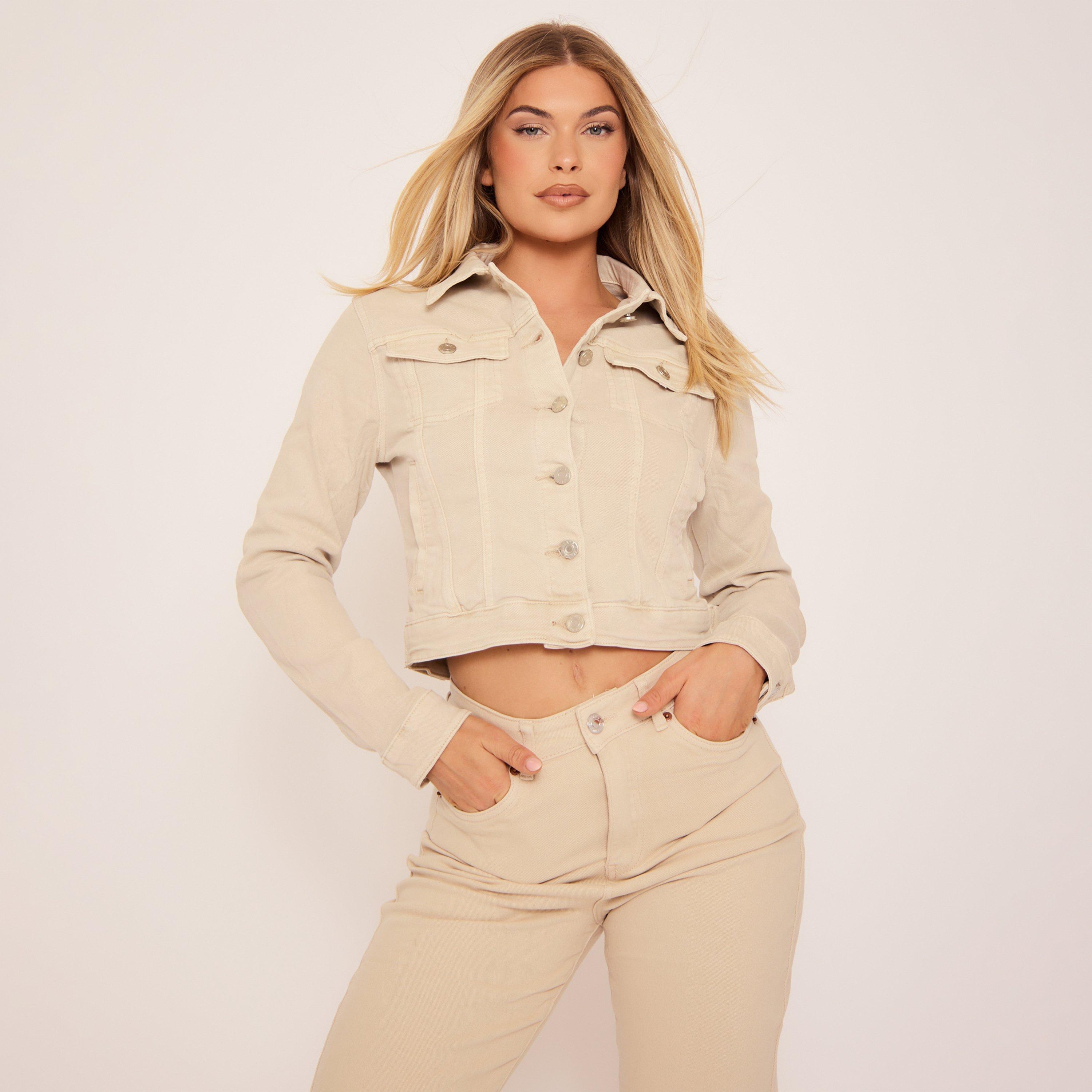 Long Sleeve Button Detail Jacket In Stone Denim, Women's Size UK XL