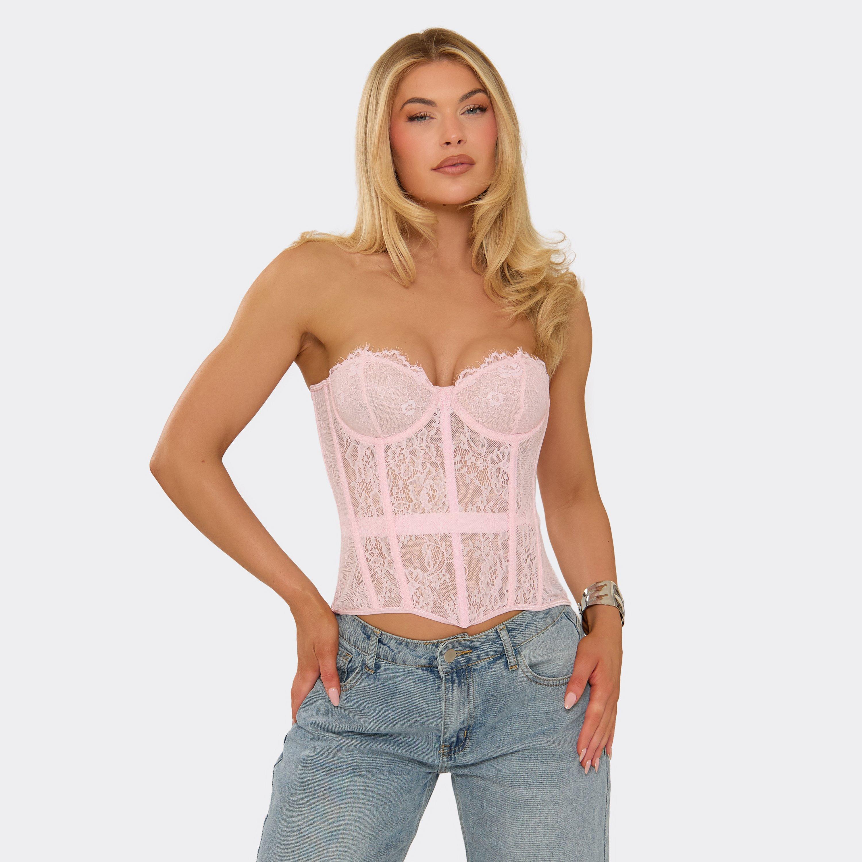 Bandeau Structured Tie Back Detail Corset Top In Baby Pink Lace, Women’s