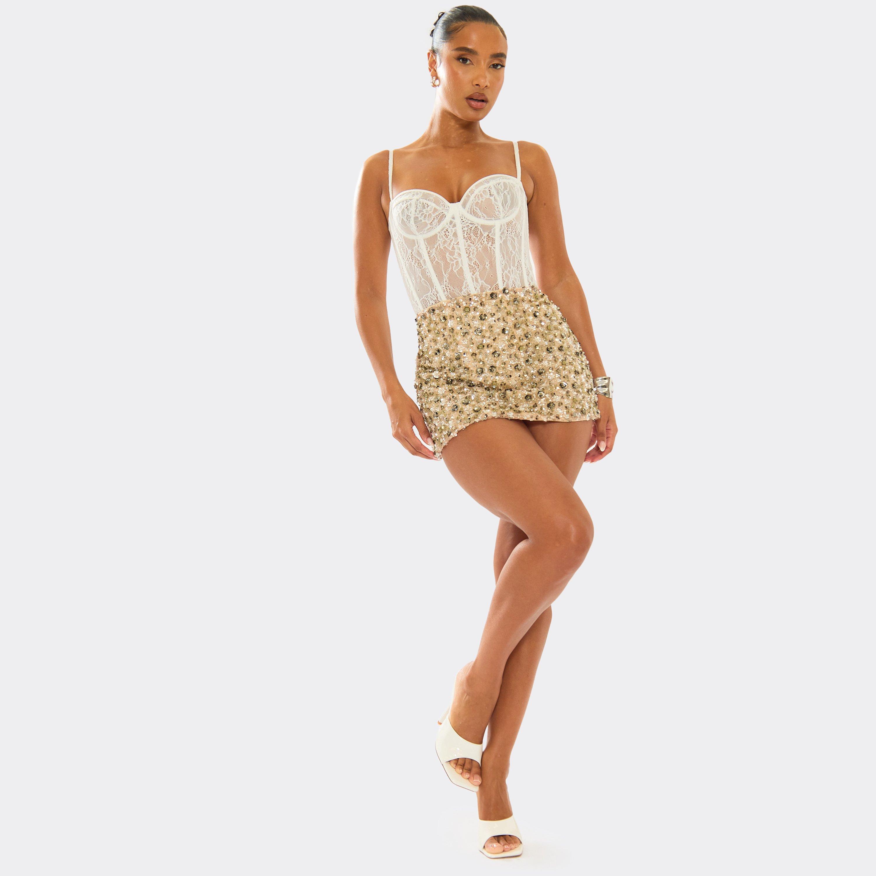 Mid Rise Mini Skirt In Nude Floral Sequin, Women’s