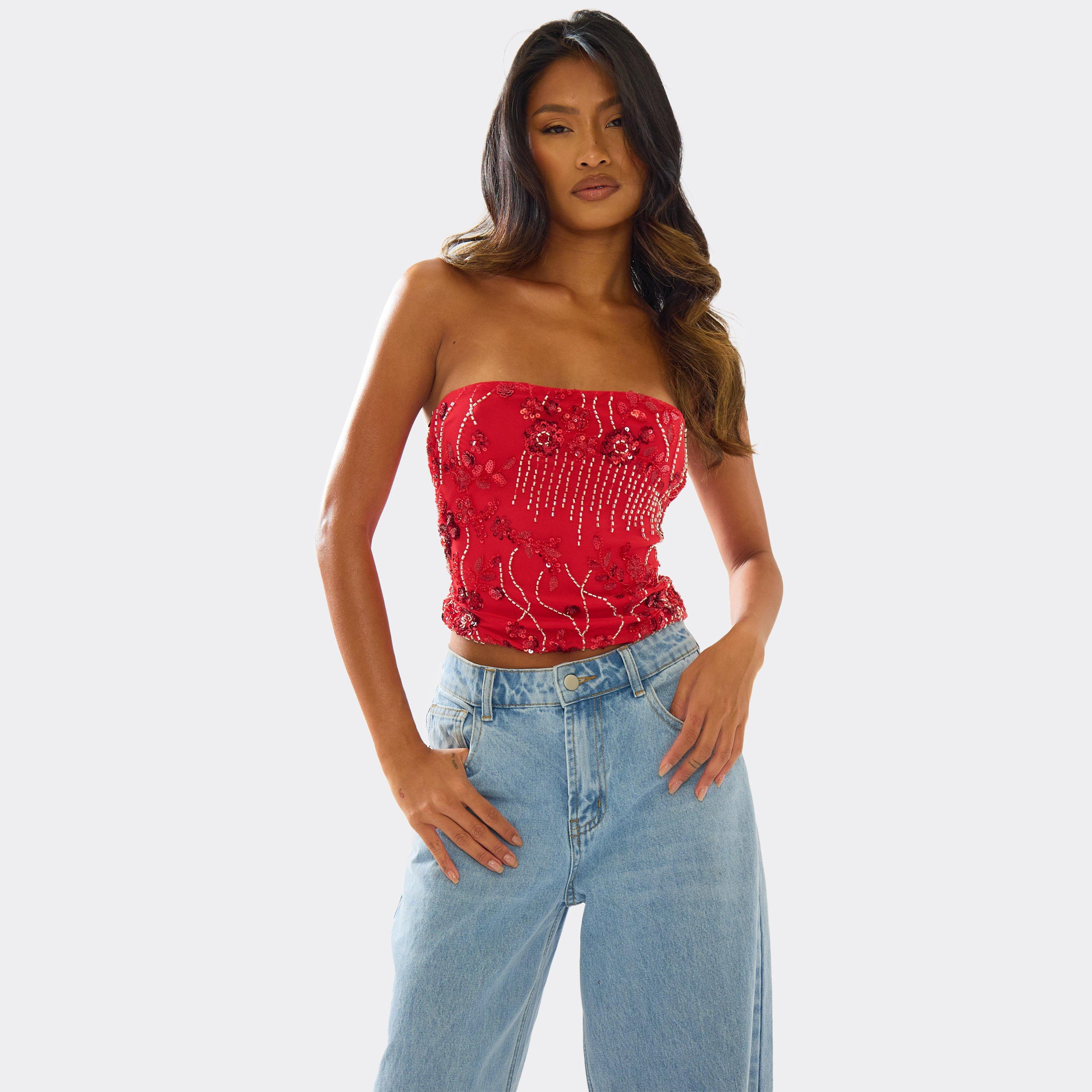 Image of Bandeau Floral Embellished Detail Top In Red Sequin, Women's
