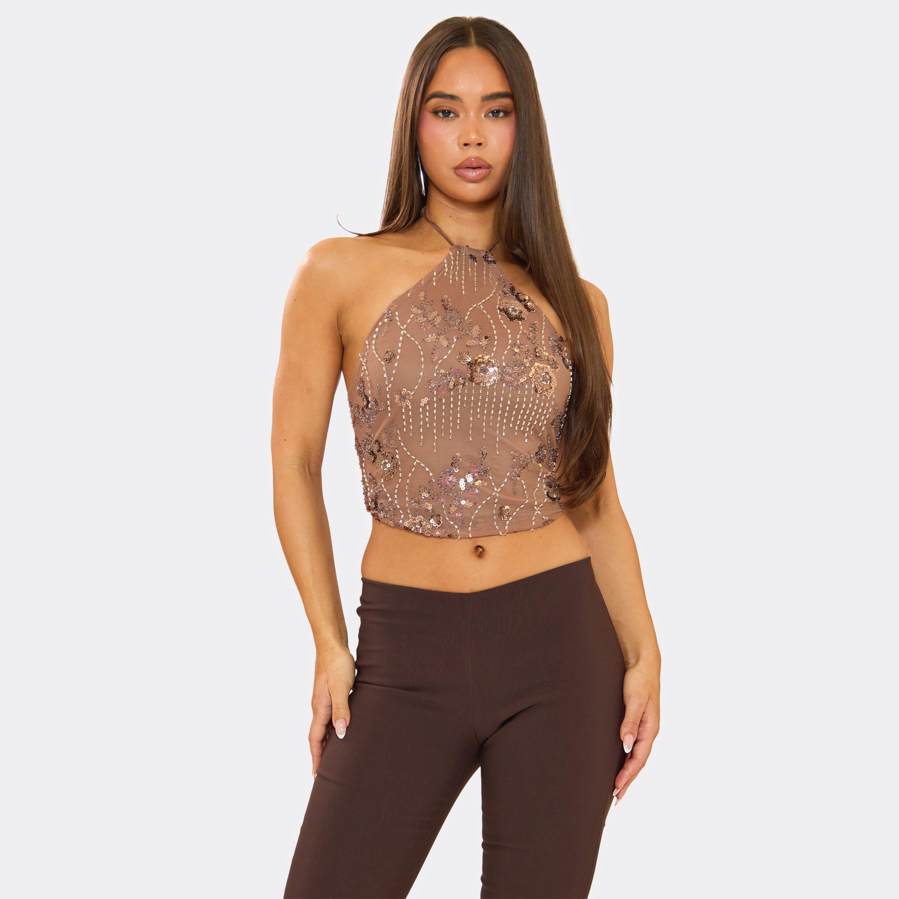 Halterneck Floral Embellished Top In Brown Sequin, Women's Size UK 8