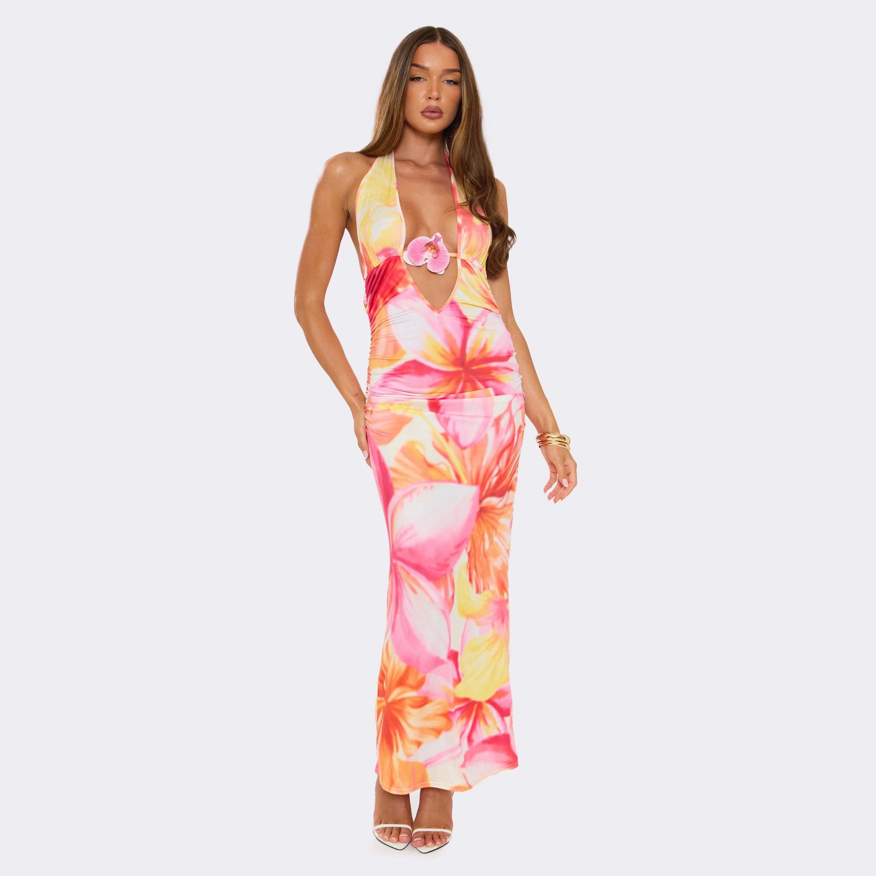 Plunge Open Back Flower Trim Detail Maxi Dress In Multi Floral Print, Women's Size UK 12