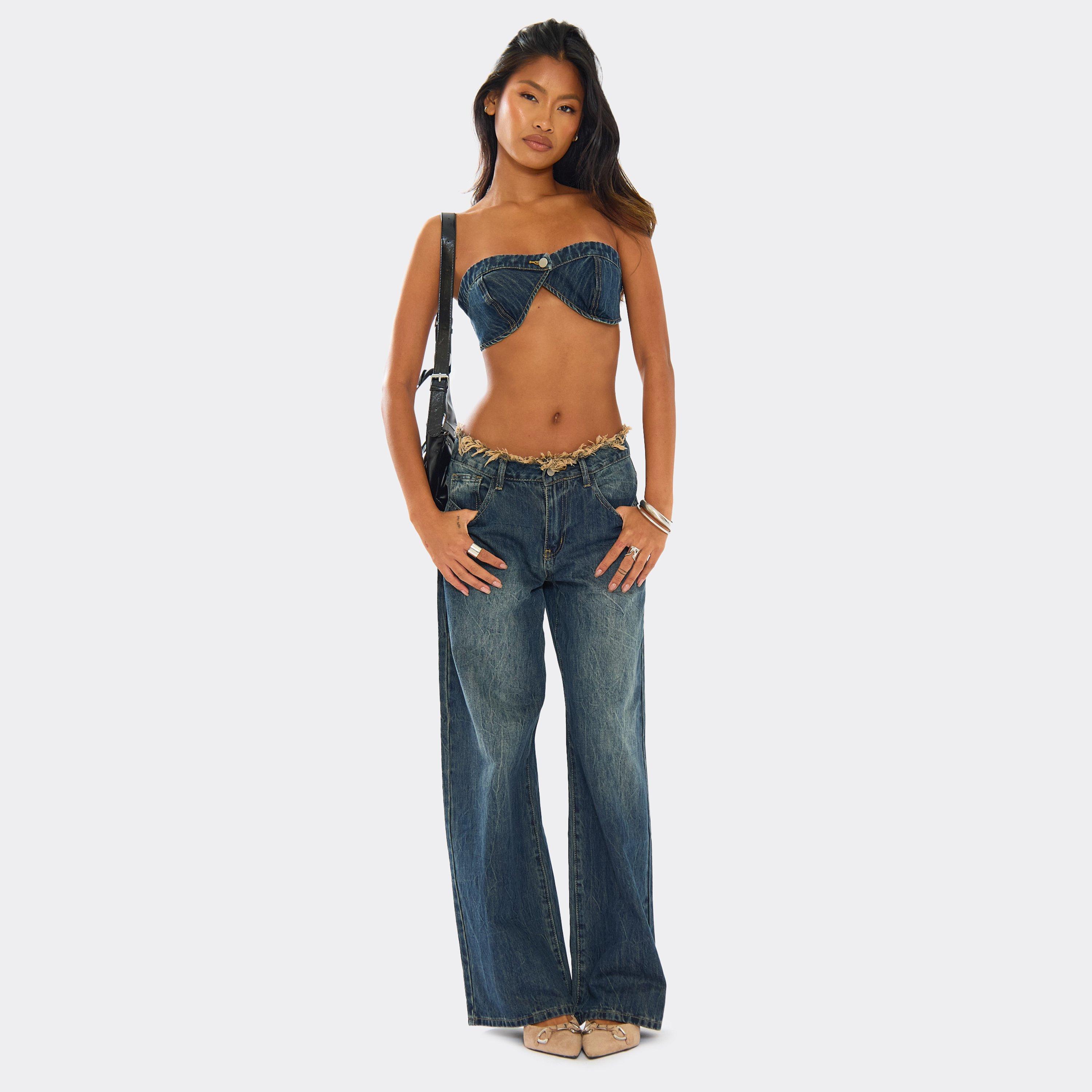 Image of Frayed Mid-Waist Wide Leg Jeans In Washed Dark Blue, Women's