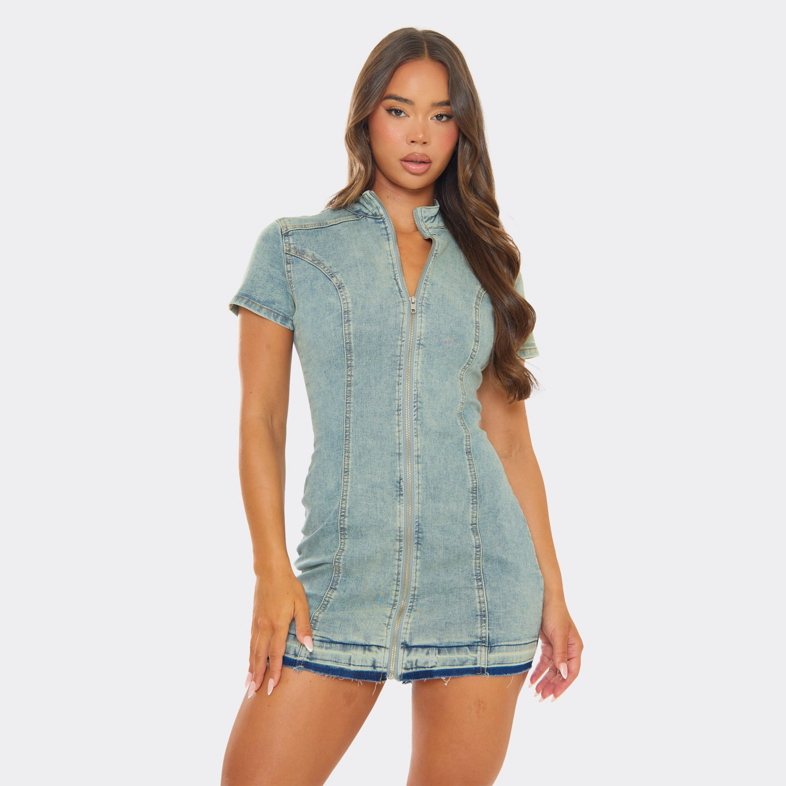 High Neck Dipped Hem Zip Up Detail Mini Dress In Vintage Blue Denim, Women's Size UK 6