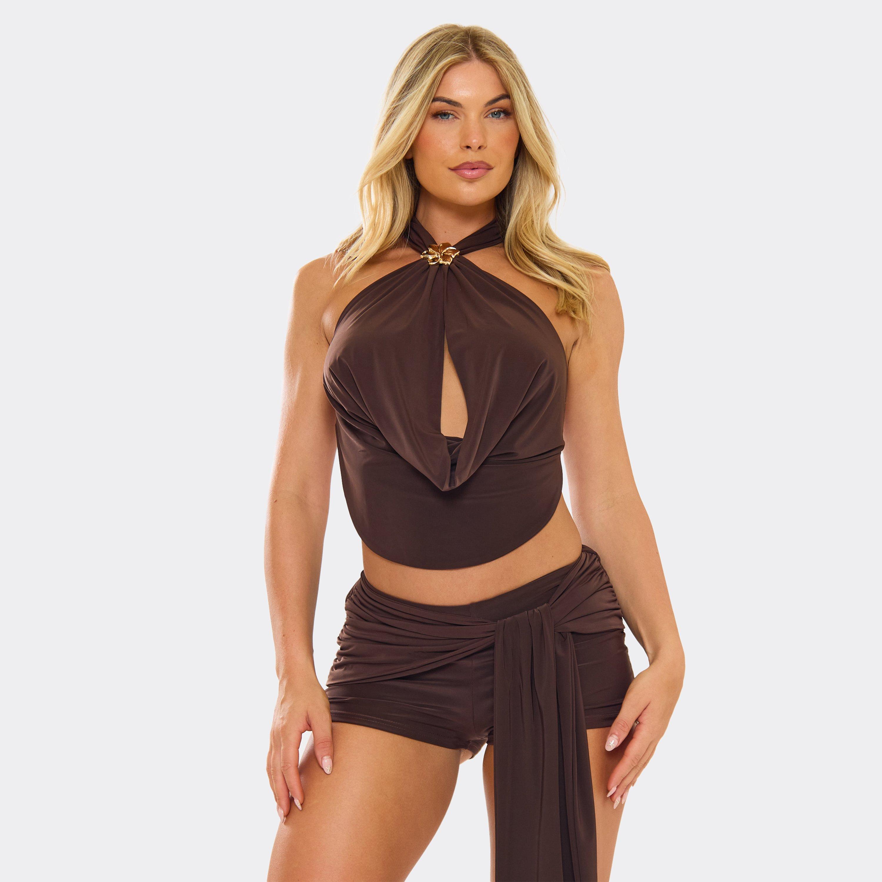 Image of Cowl Halterneck Flower Trim Detail Top In Brown Slinky, Women's