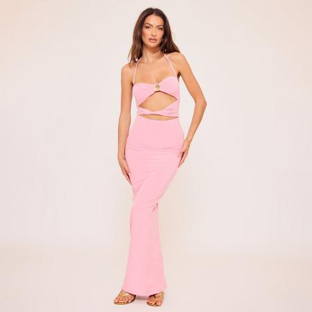 Halterneck Cut Out Twist Front Shell Trim Detail Maxi Dress In Pink, Women's Size US