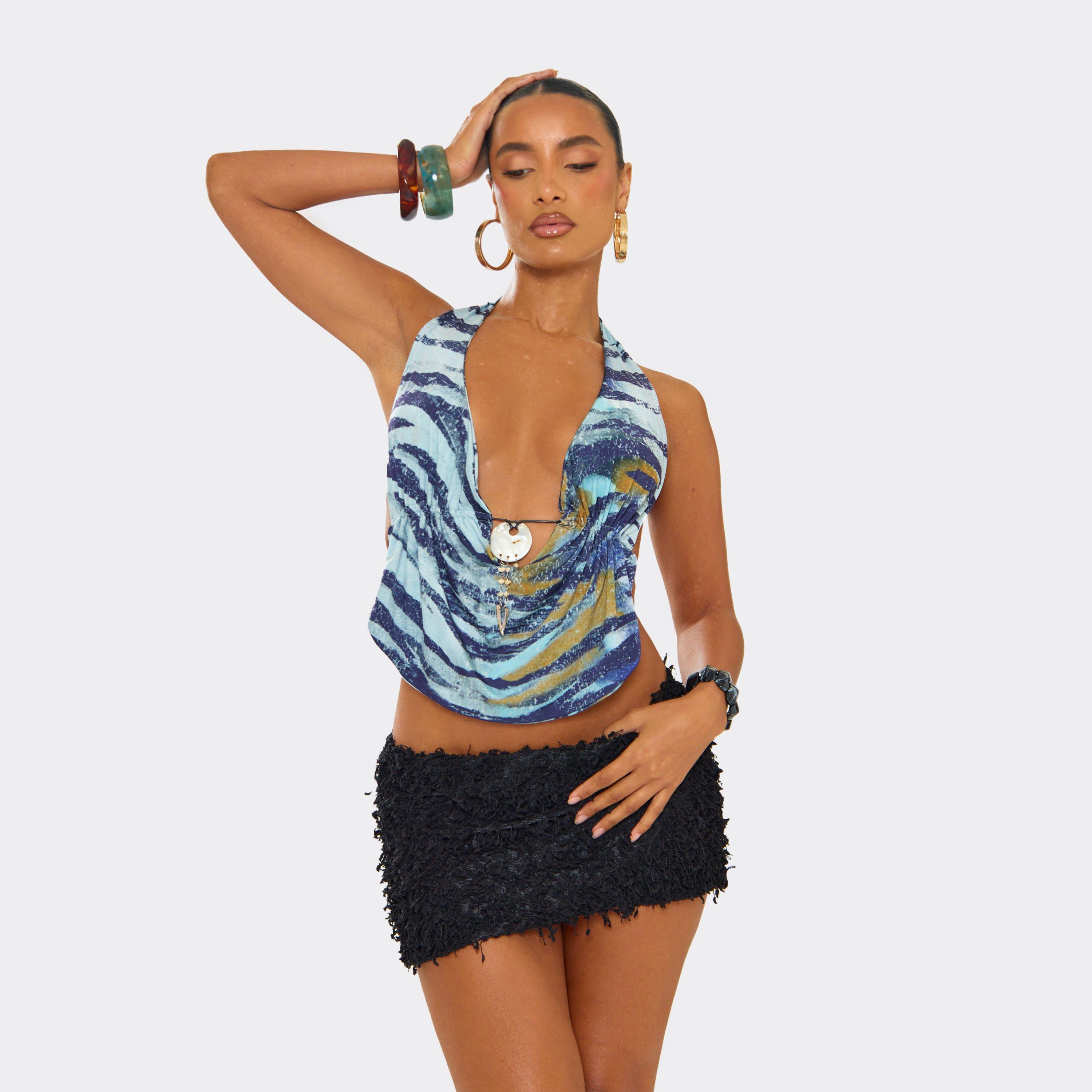 Image of Cowl Neck Trim Detail Top In Blue Zebra Print, Women's