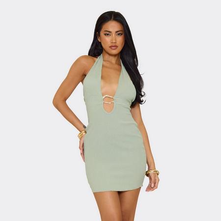 Halterneck Trim Detail Bodycon Mini Dress In Green Textured, Women's Size US