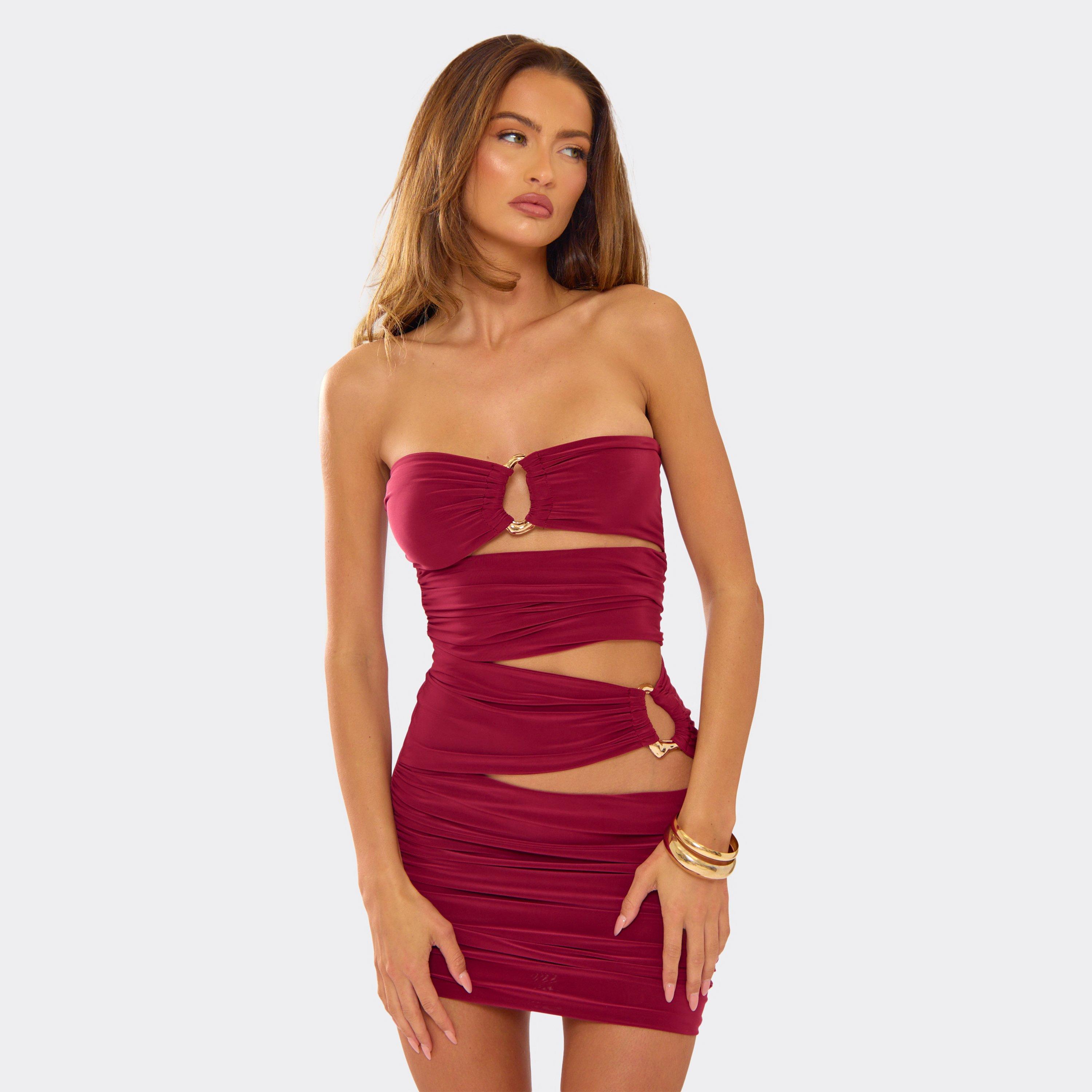 Bandeau Cut Out Ruched Gold Trim Mini Dress In Burgundy, Women’s