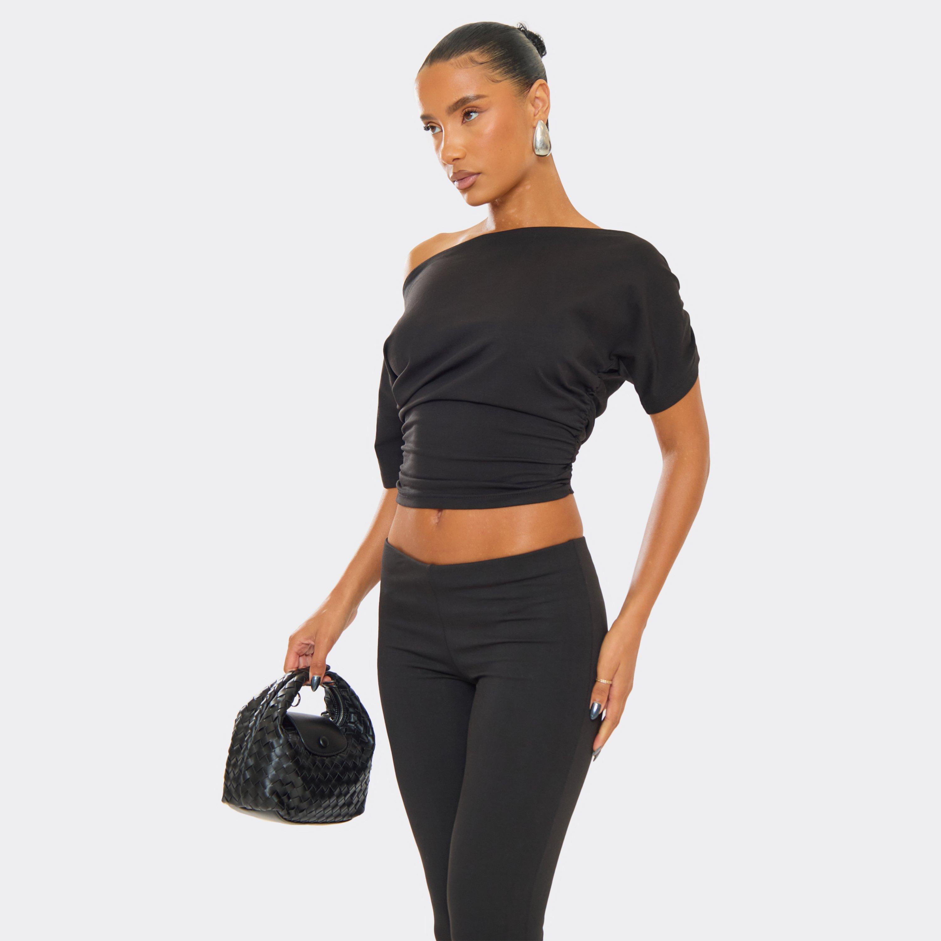 Asymmetric Ruched Detail Top In Black, Women's Size UK 16