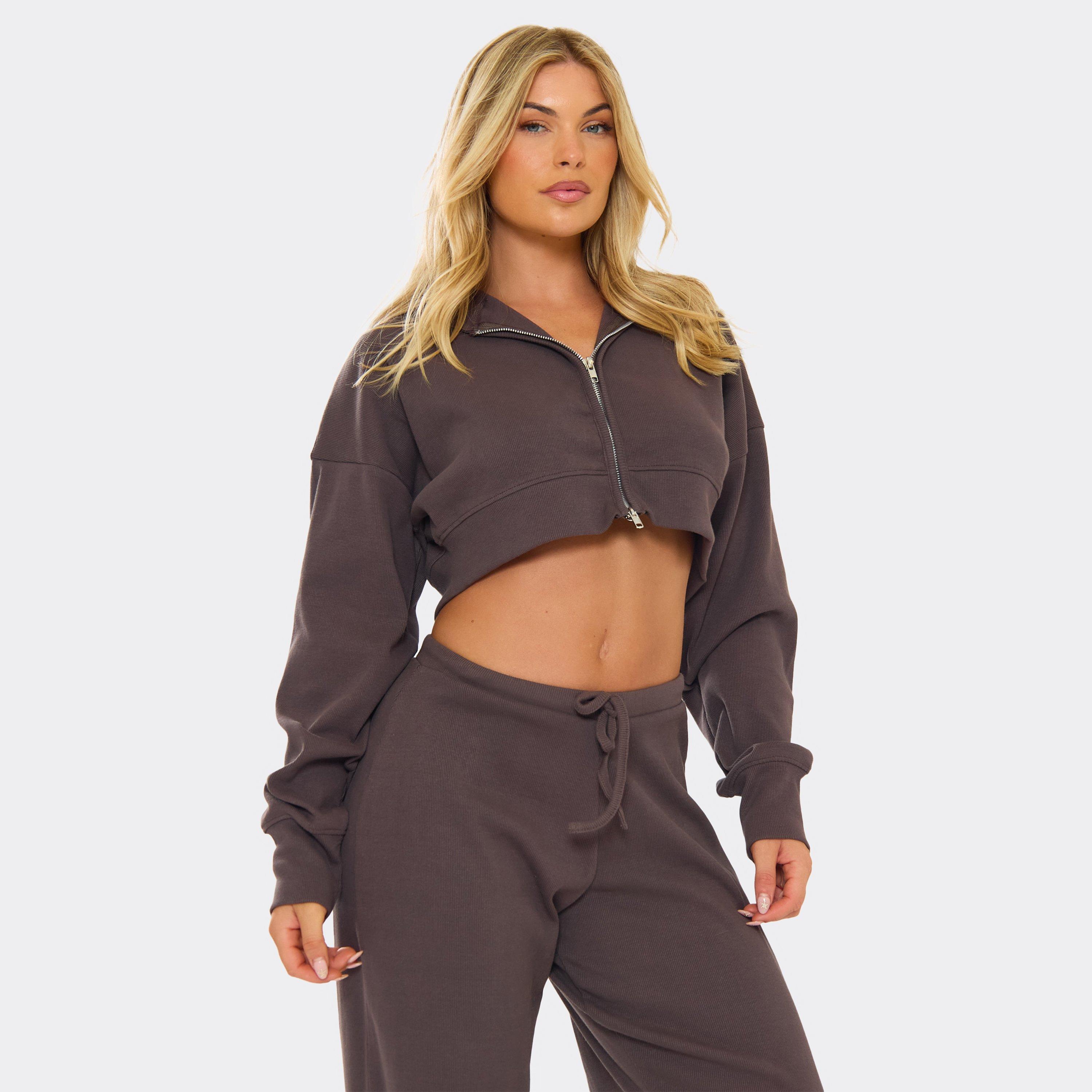 Long Sleeve Zip Up Cropped Hoodie In Chocolate Brown Rib, Women’s