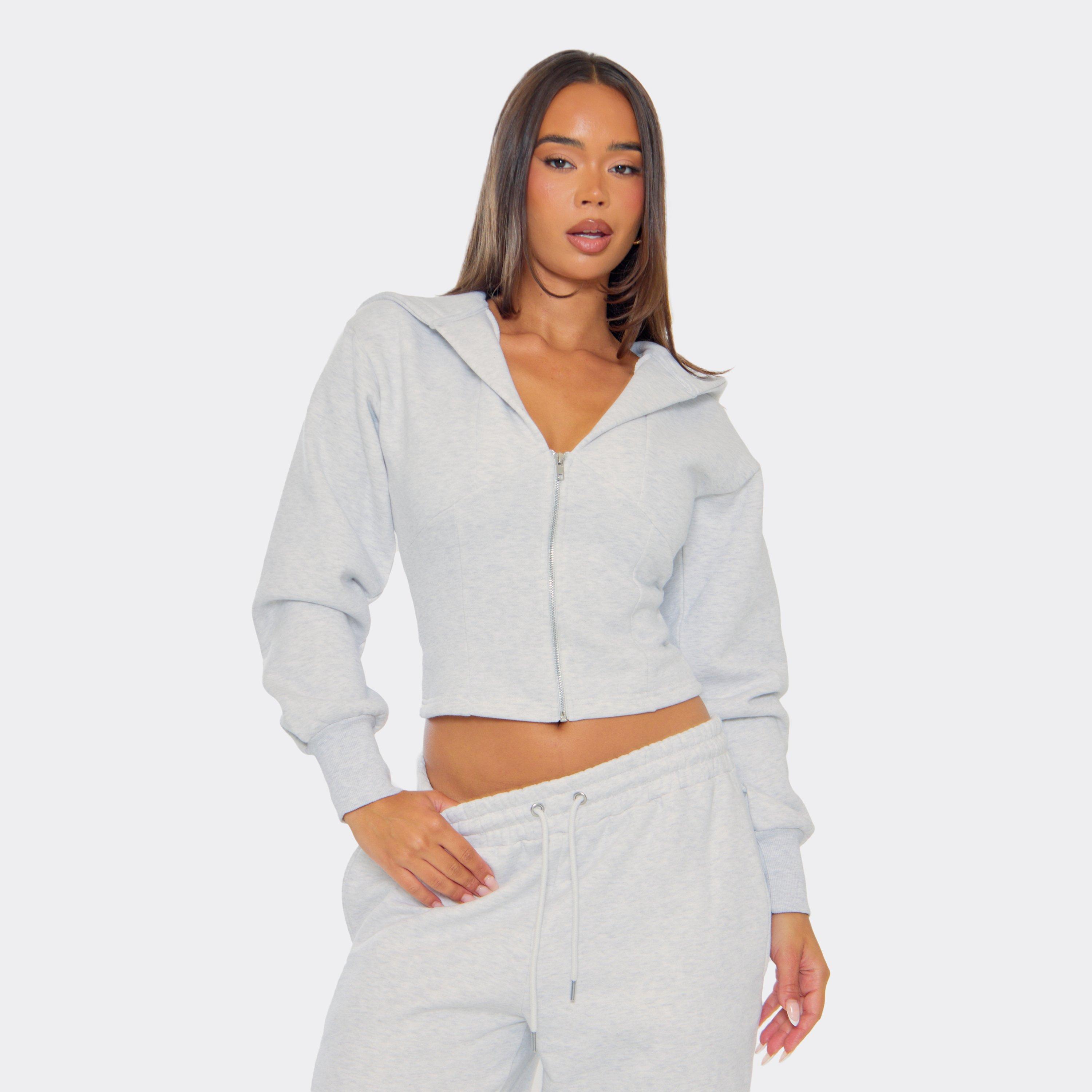 Long Sleeve Cinched Waist Zip Up Hoodie In Light Grey Marl, Women's Size UK 12