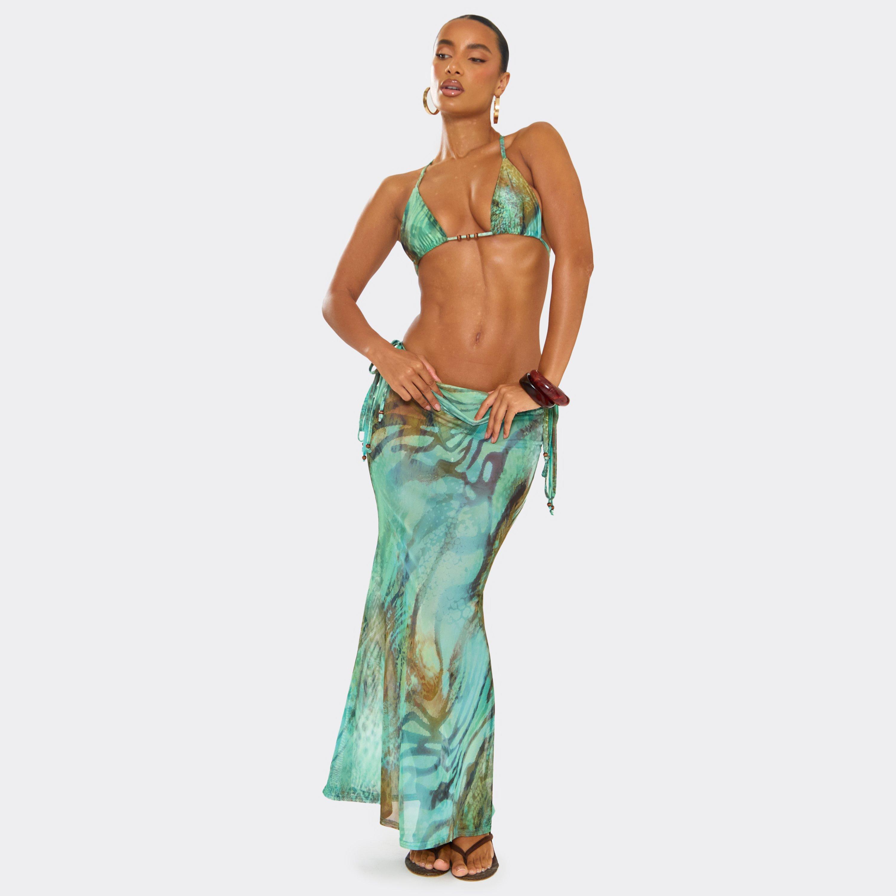 Mid Rise Ruched Detail Maxi Skirt In Green Multi Animal Print, Women’s