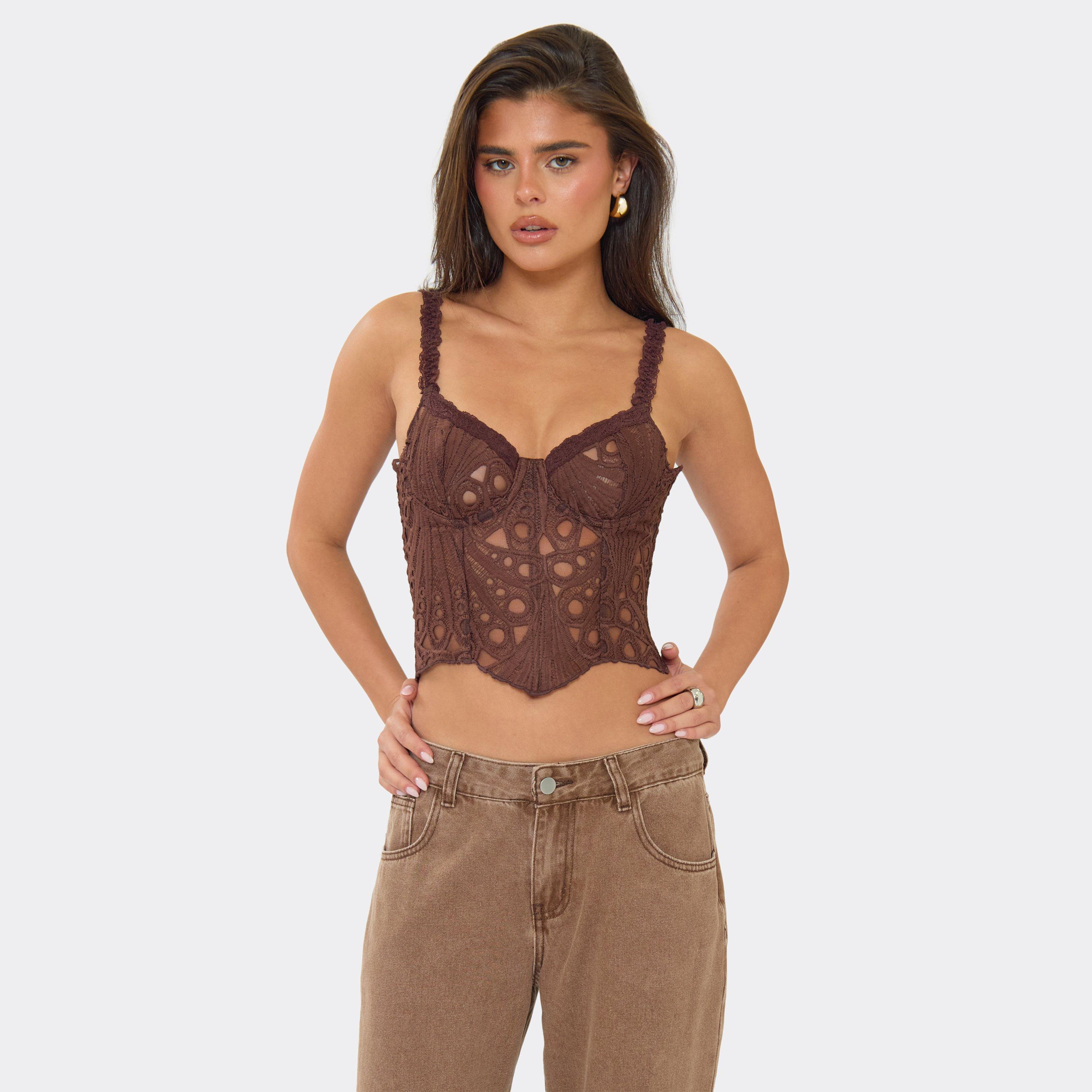 Sweetheart Neckline Corset Lace Up Back Detail Top In Chocolate Brown Lace, Women's Size UK 6