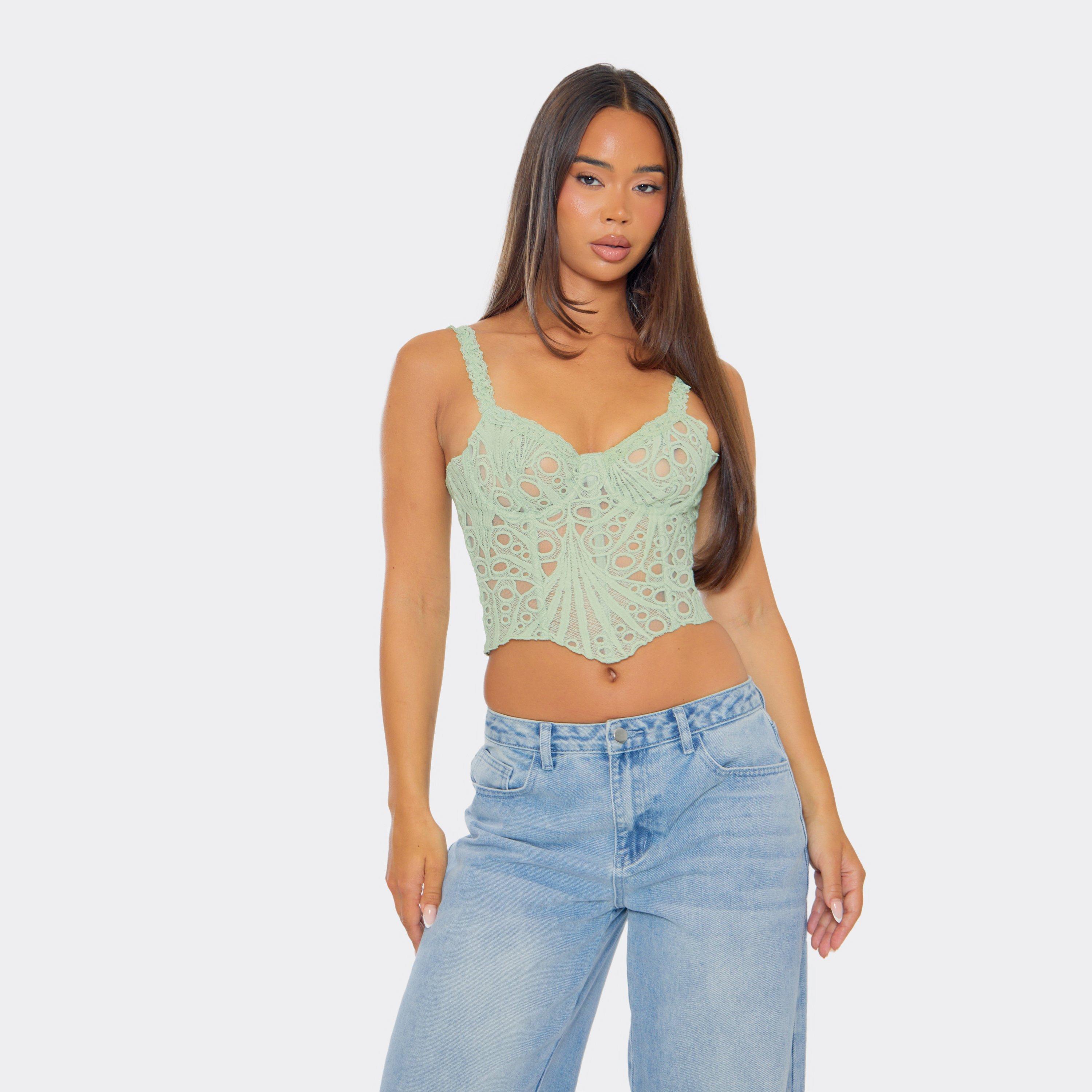 Sweetheart Neckline Corset Lace Up Back Detail Top In Sage Green Lace, Women's Size UK 14