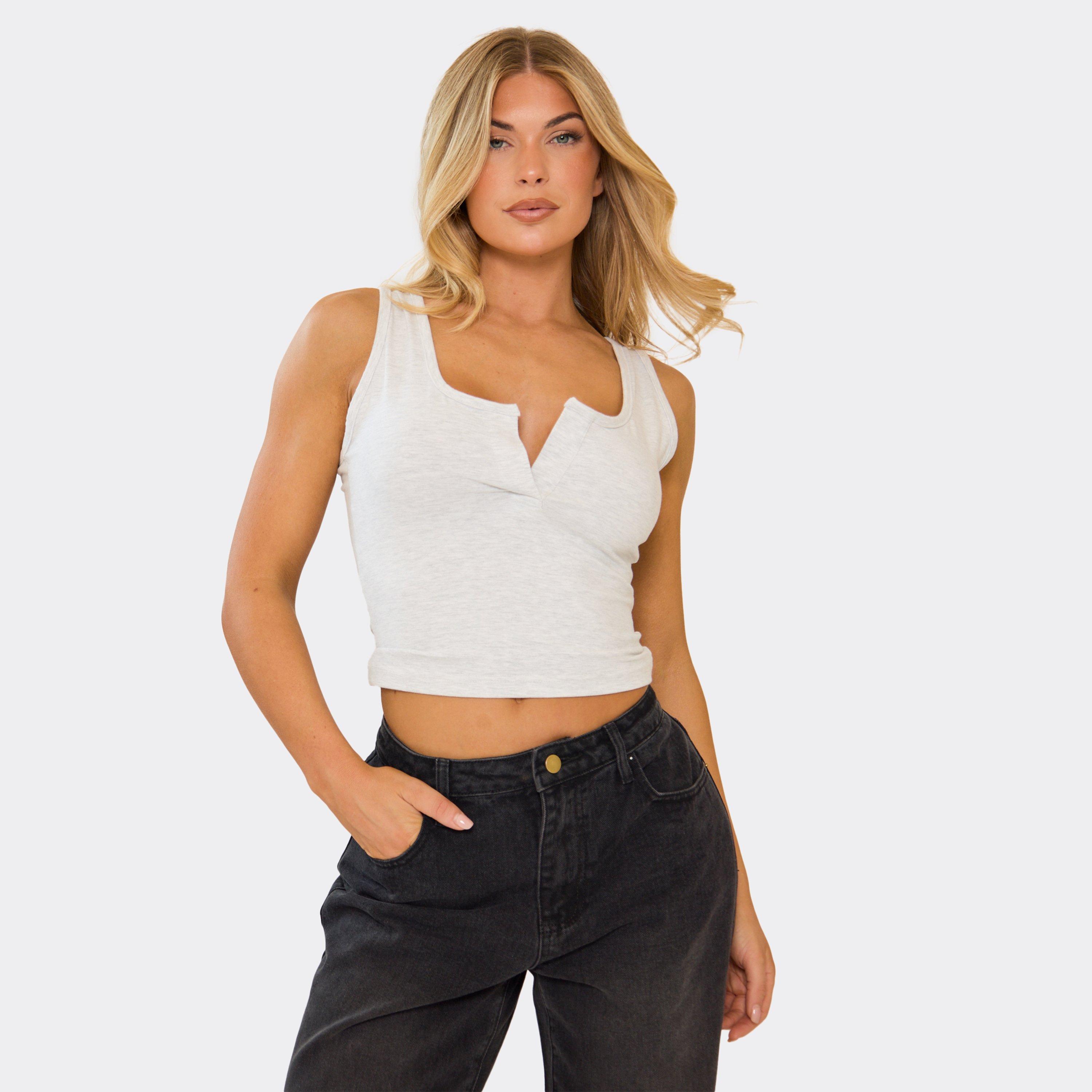 Square Neck Placket Detail Crop Top In Grey Marl, Women's Size UK 12