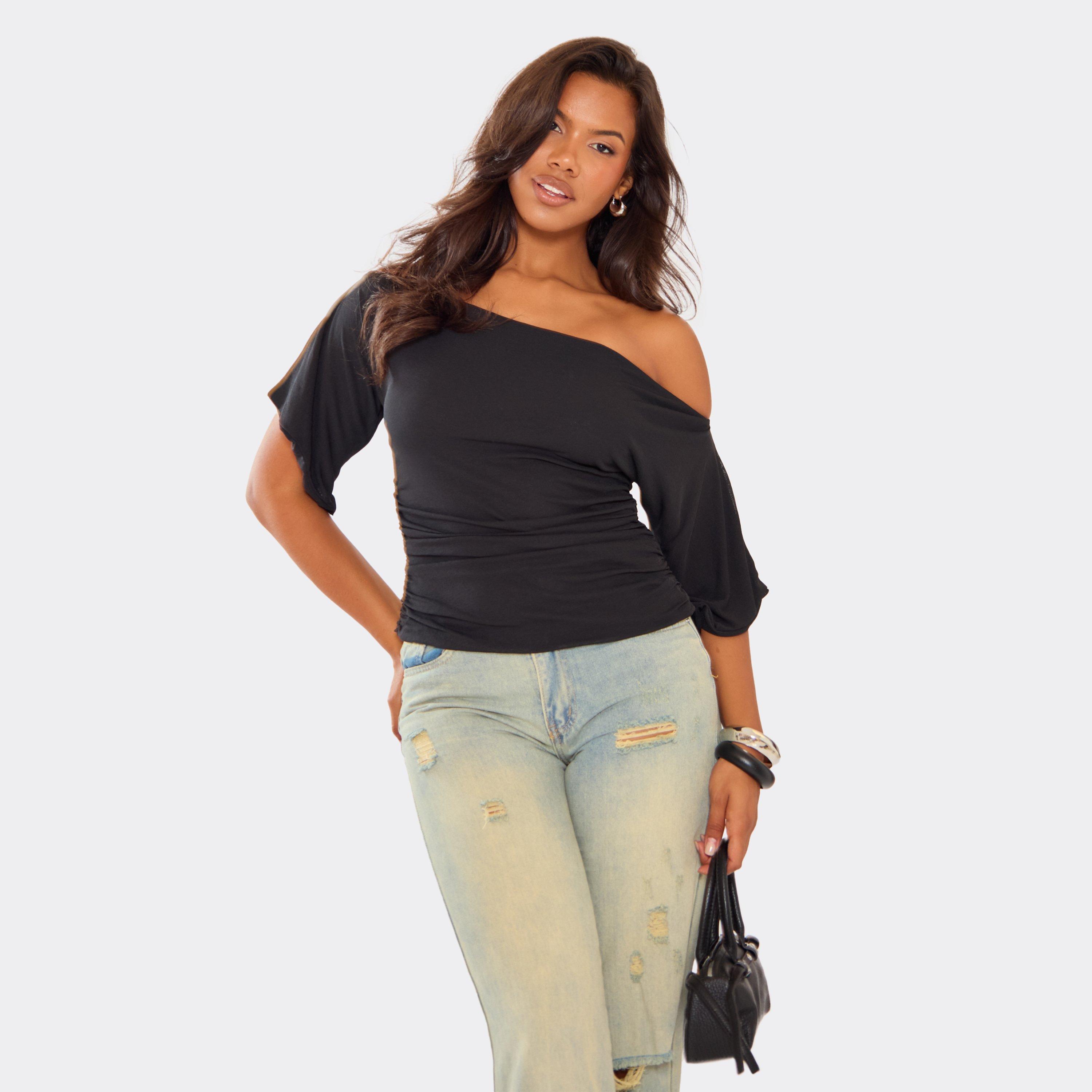 Image of Slash Neck Ruched Detail Top In Black, Women's