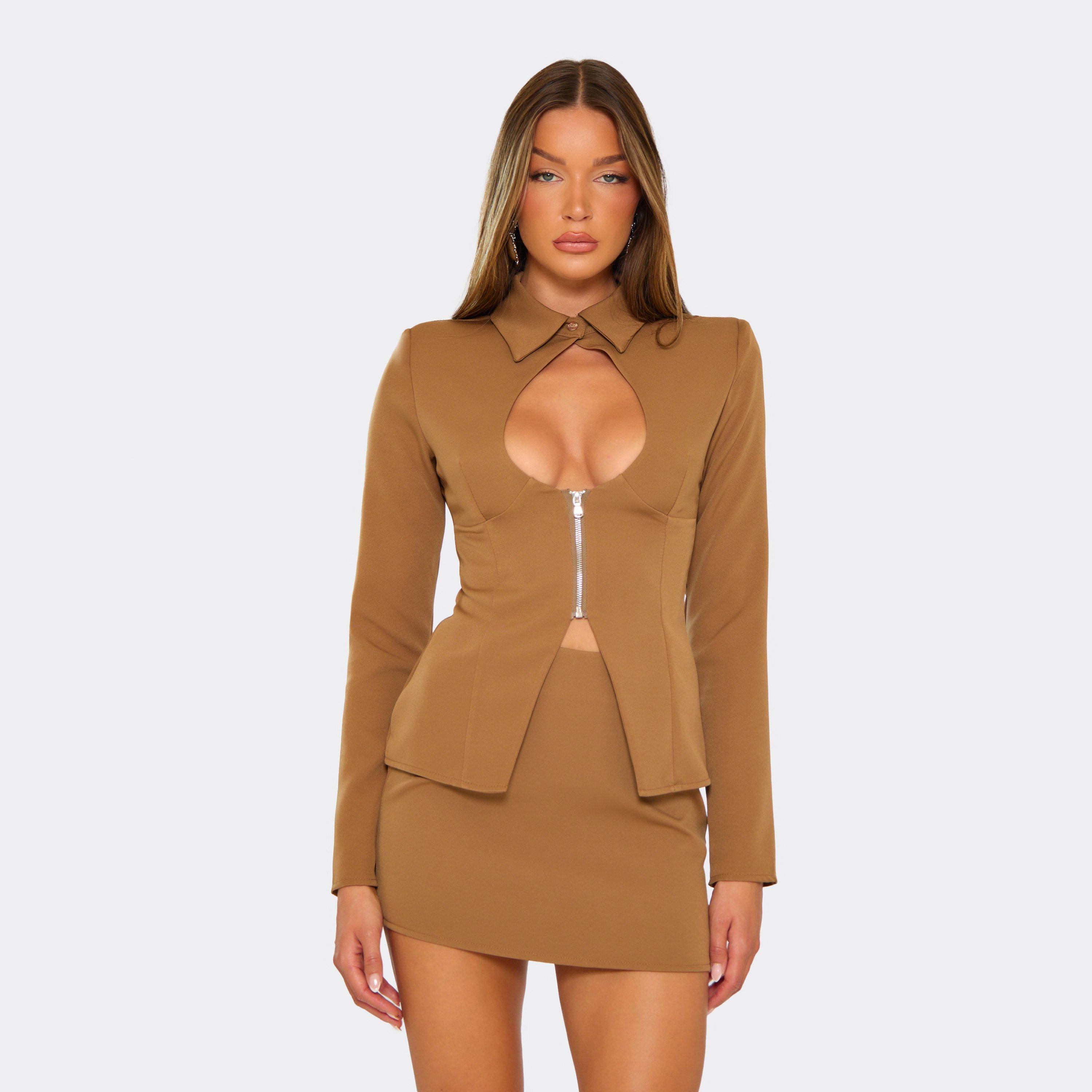 Long Sleeve Cut Out Plunge Zip Front Blazer In Camel Brown, Women’s