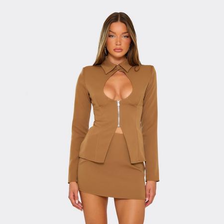 Long Sleeve Cut Out Plunge Zip Front Blazer In Camel Brown, Women's Size US