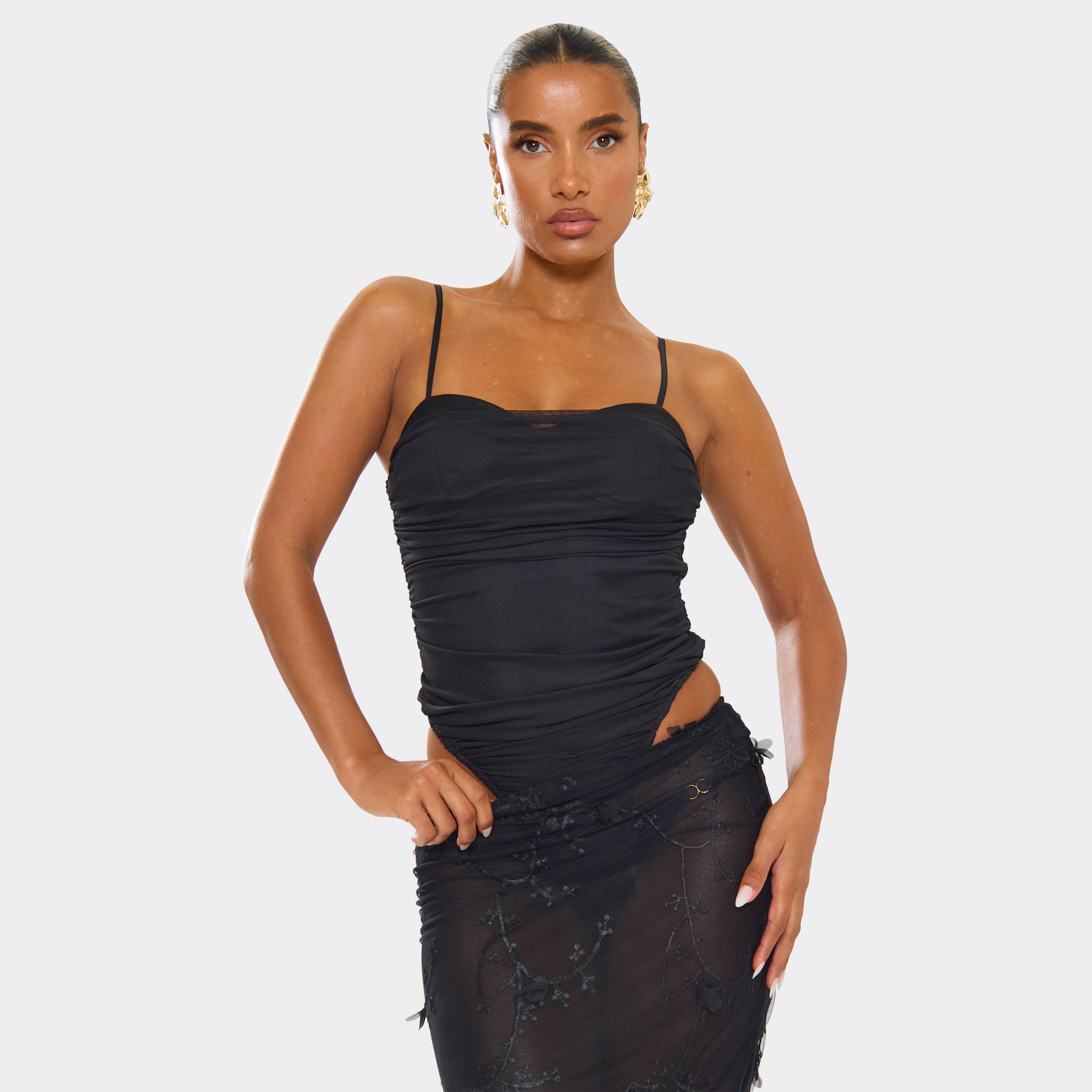 Strappy Ruched Detail Bodysuit In Black Mesh, Women’s