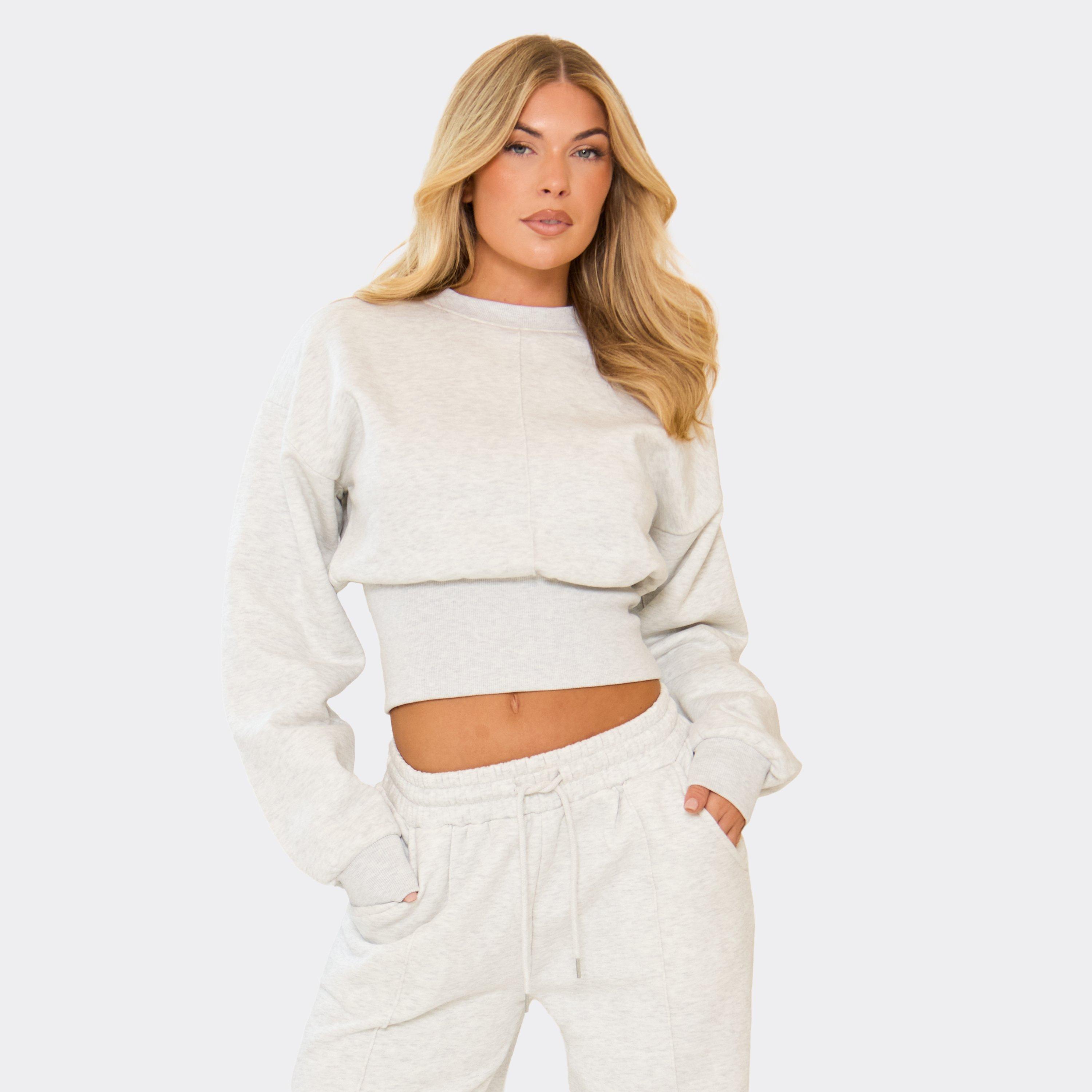 Image of Long Sleeve Cinched Waist Seam Detail Sweatshirt In Light Grey Marl, Women's