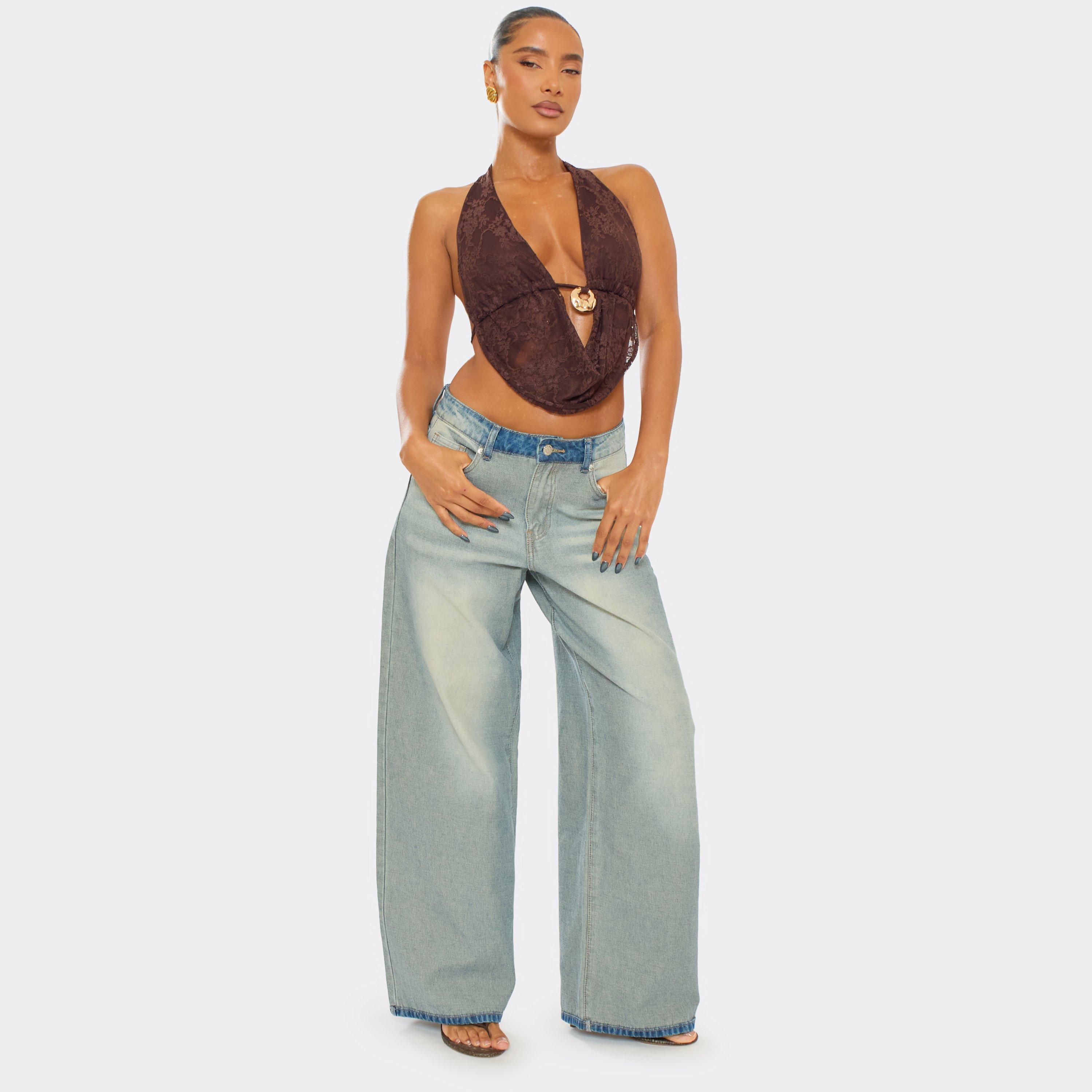 Image of Mid Rise Washed Detail Wide Leg Jeans In Blue Denim, Women's