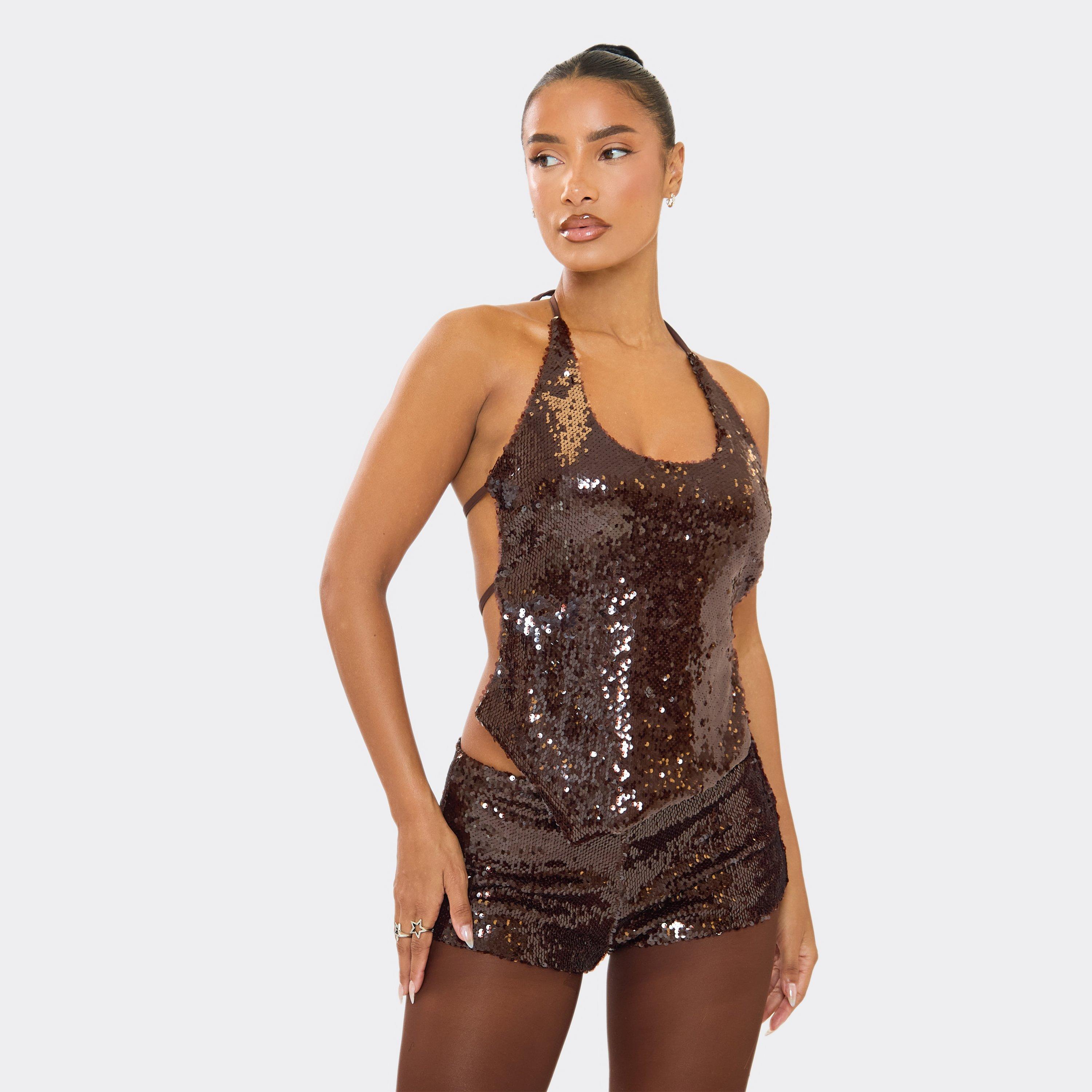 Image of Halterneck Asymmetric Hem Strappy Back Detail Top In Chocolate Brown Sequin, Women's