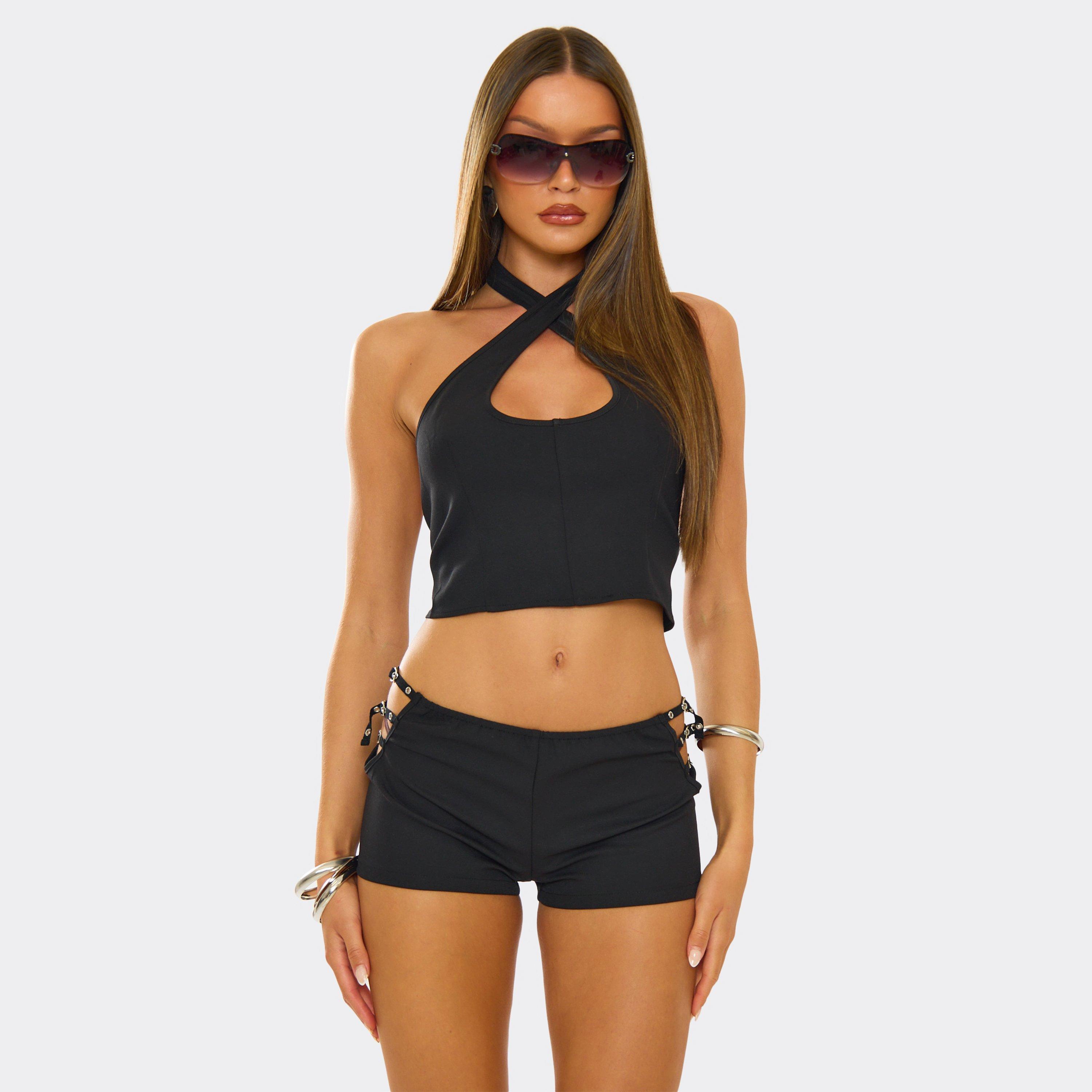 Image of Halterneck Crossover Buckle Detail Crop Top In Black, Women's